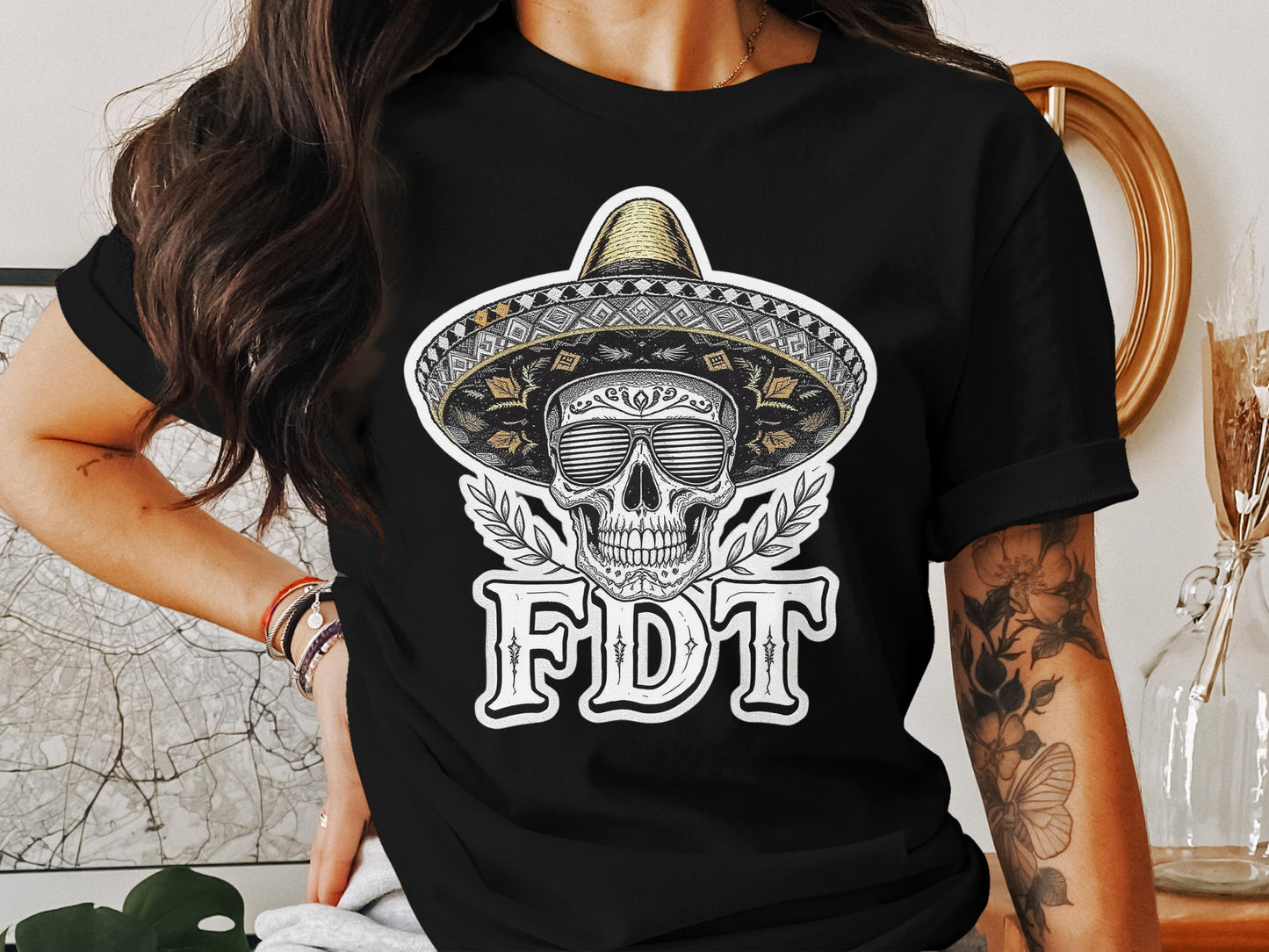FDT Skull with Sombrero and Leaves Black T-shirt product