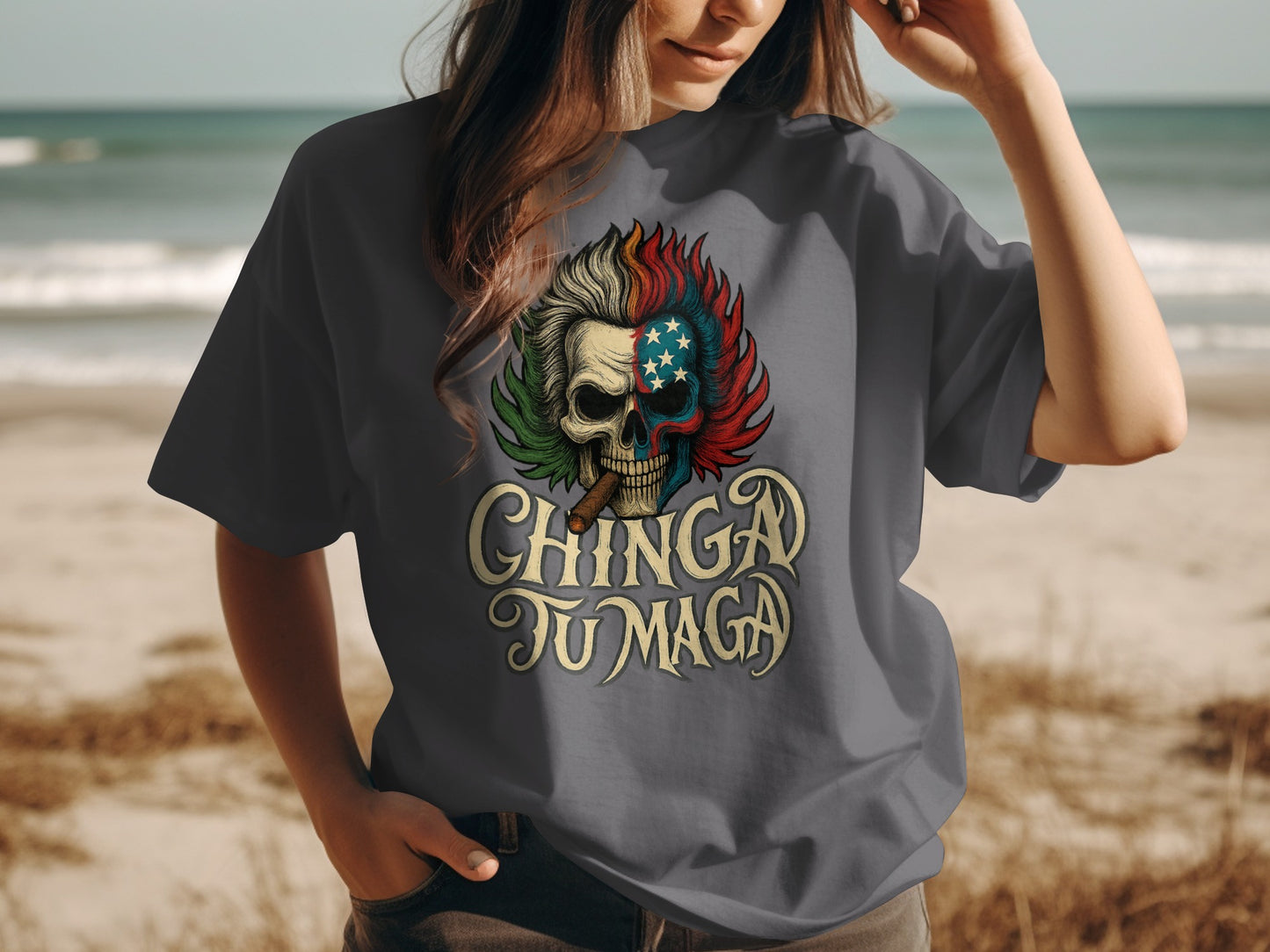 Chingad Tu Maga Skull Design Grey T-Shirt product