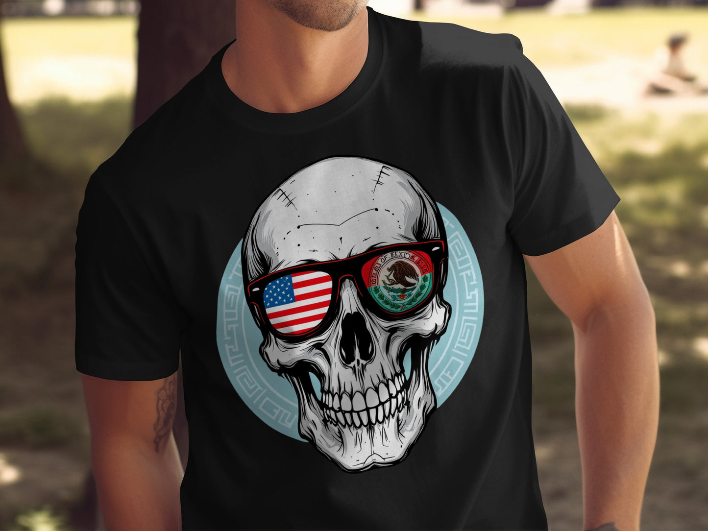 Skull with American and Mexican Flag Design T-Shirt product type
