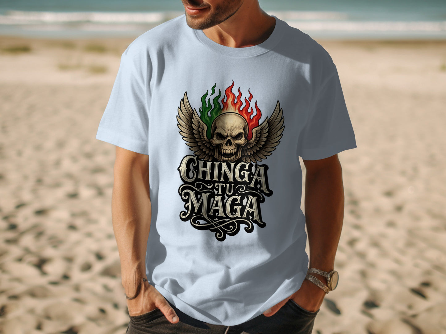 Chinga Tu Maga Skull Wing Design Graphic T-Shirt product