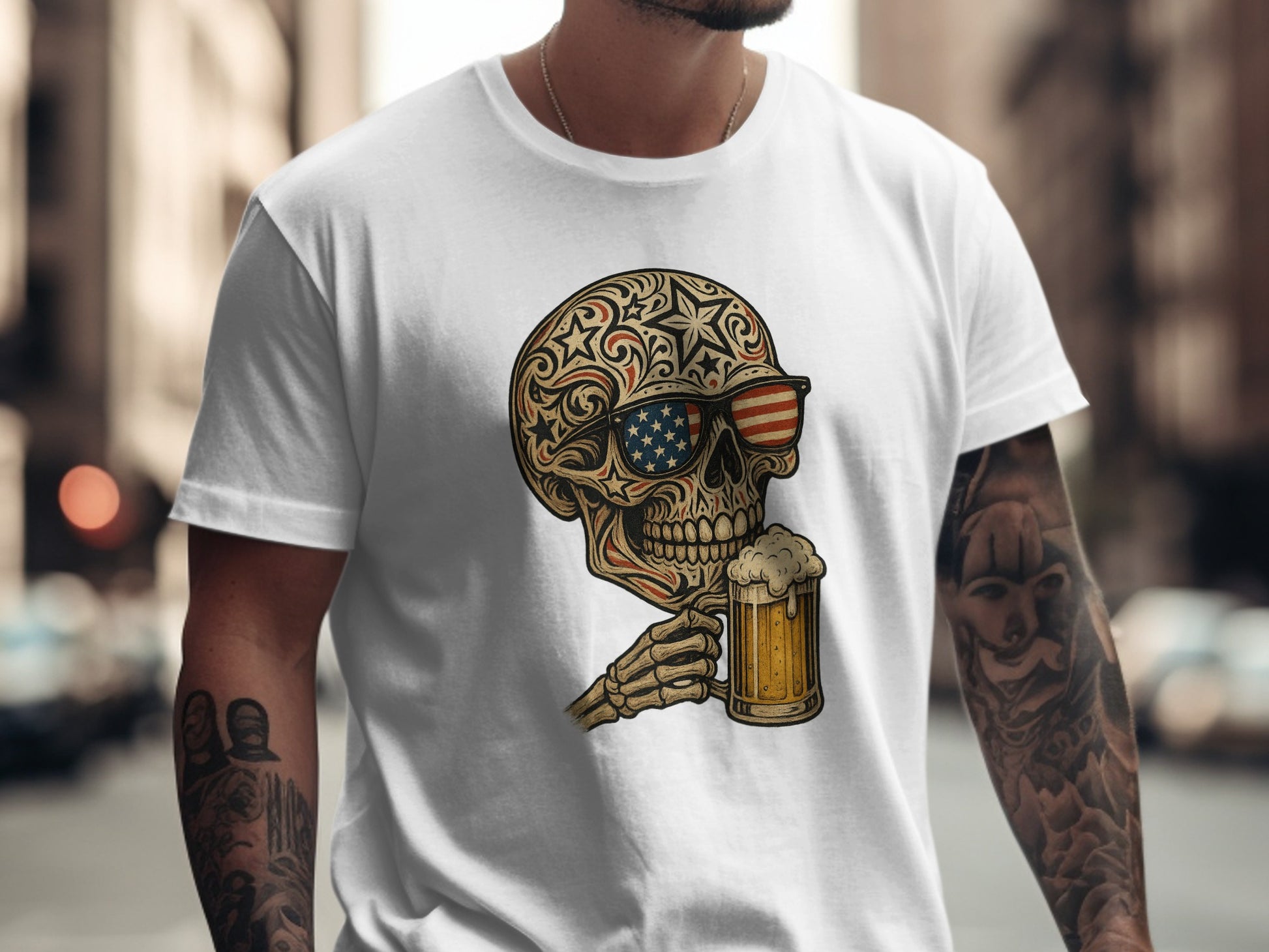 Patriotic Skull with American Flag and Beer Graphic T-Shirt product type