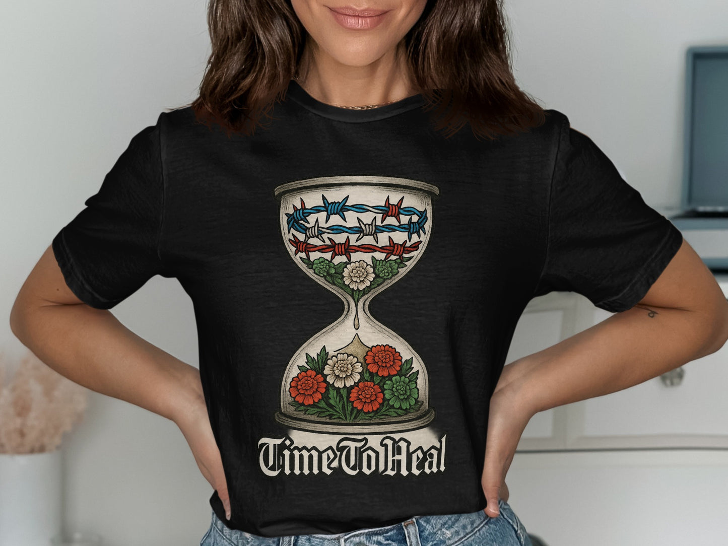 Time To Heal Hourglass Design Black T-shirt product