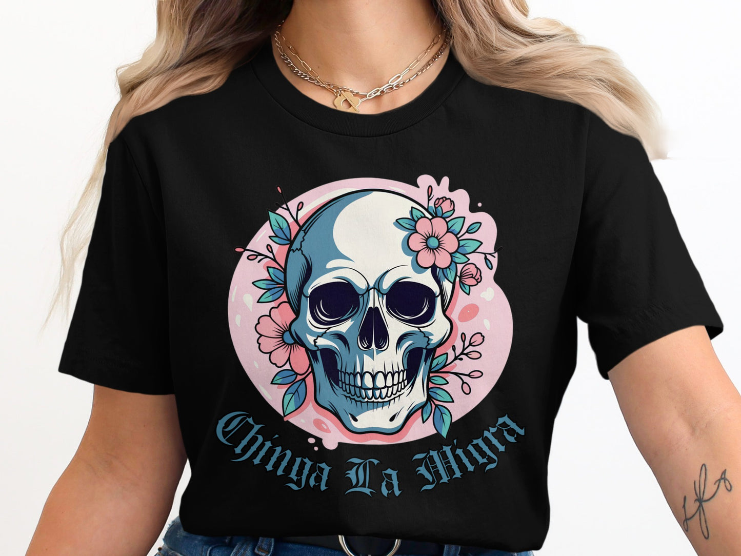 Chinga La Migra Skull Floral Graphic Tee product type