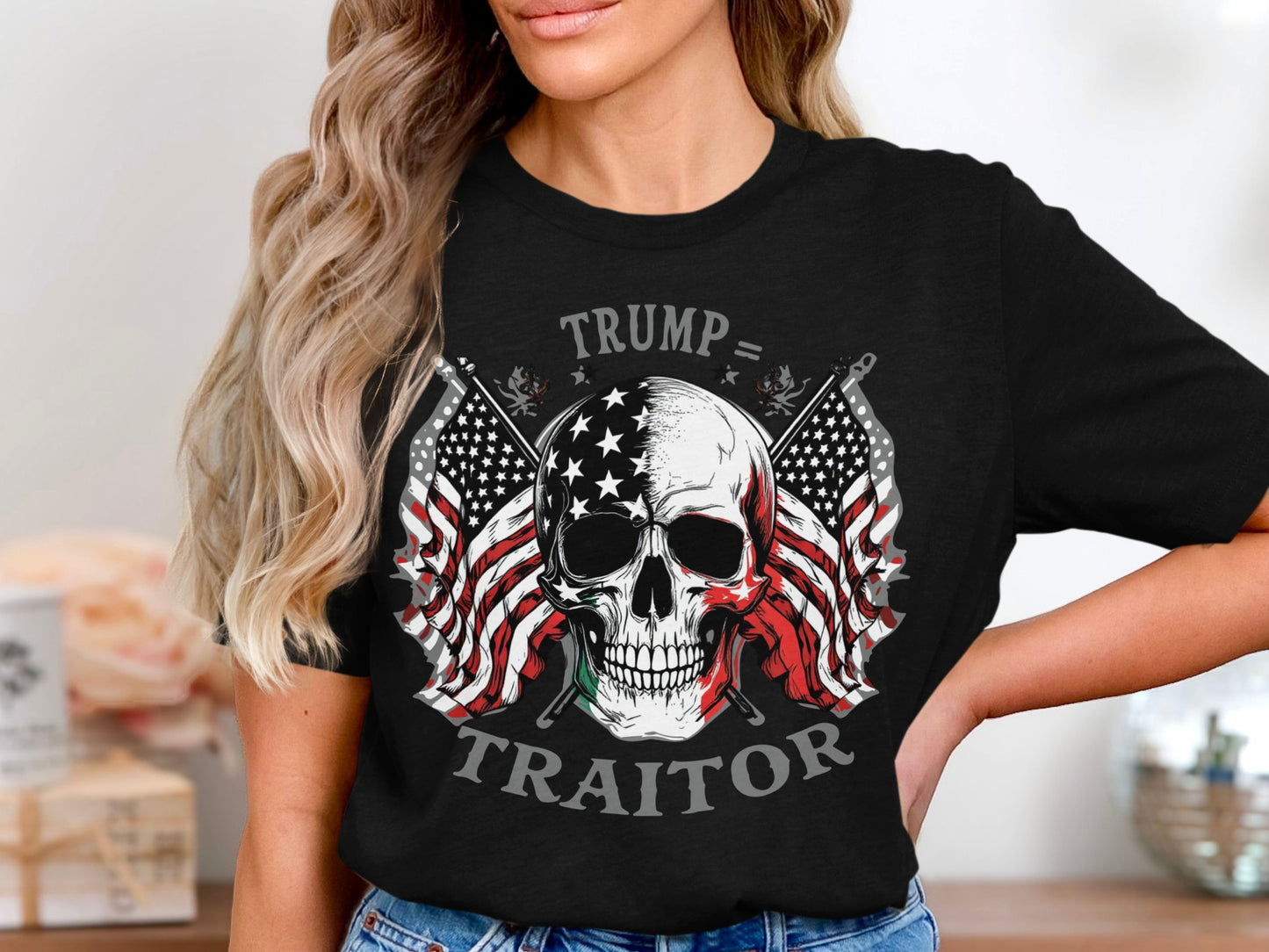 Trump Traitor Skull American Flags Graphic T-Shirt product