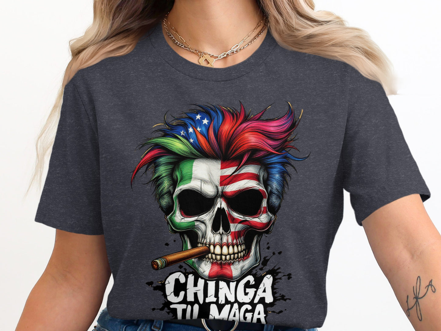 Chinga Tu Maga Skull Design Graphic T-shirt Product