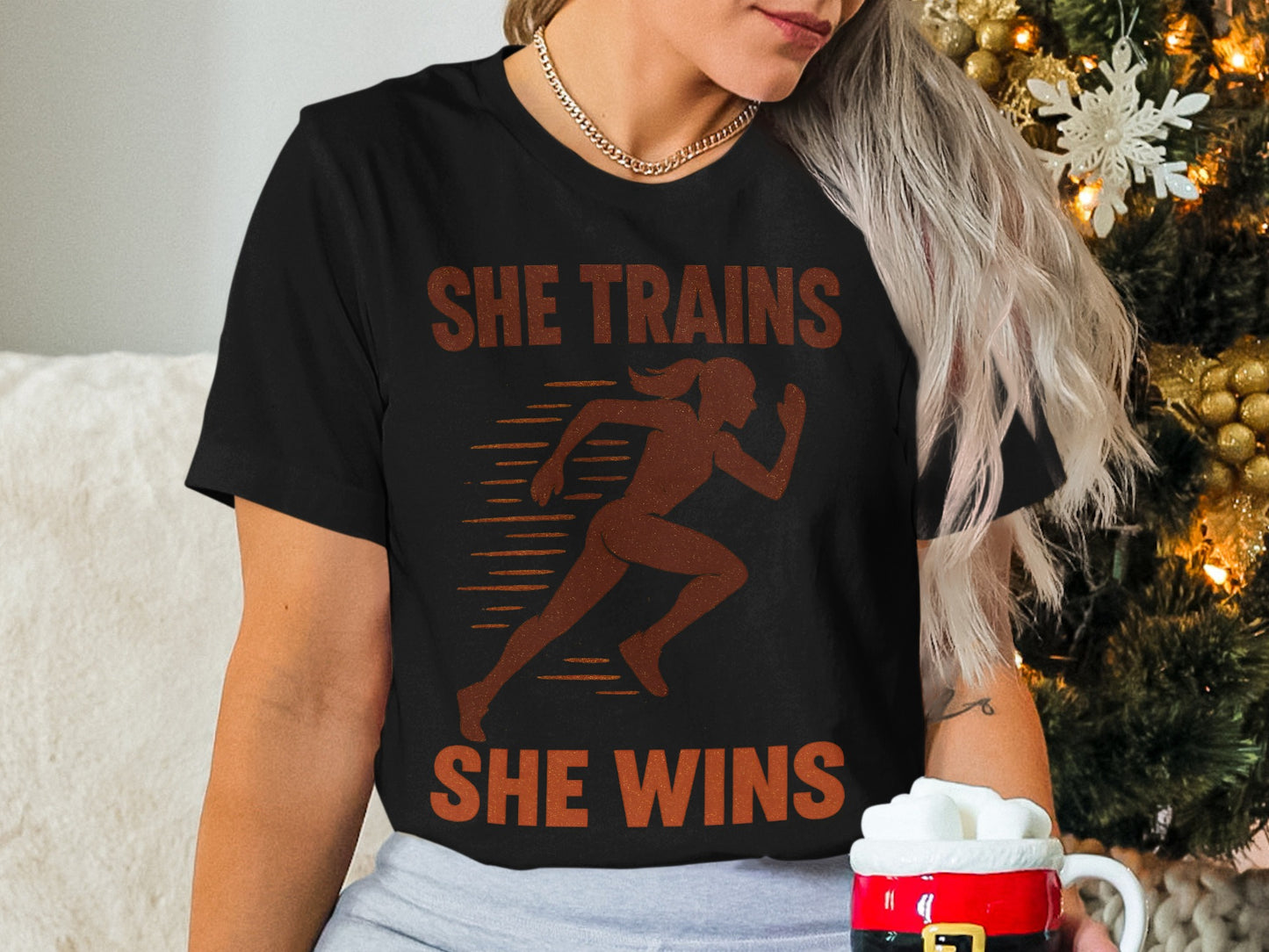 She Trains She Wins Motivational Graphic T-Shirt