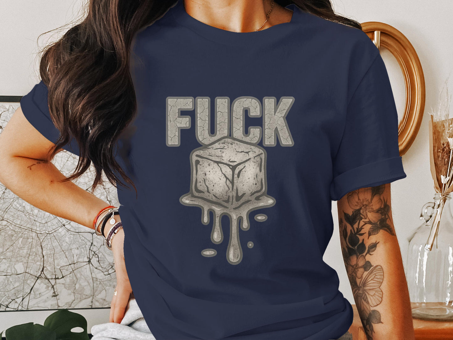 Edgy Ice Cube Graphic Artwork on Navy Blue T-shirt Product