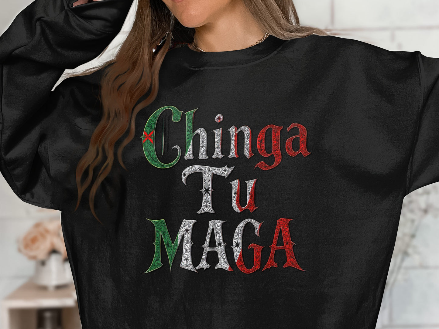 Chinga Tu Maga graphic on black sweatshirt product type