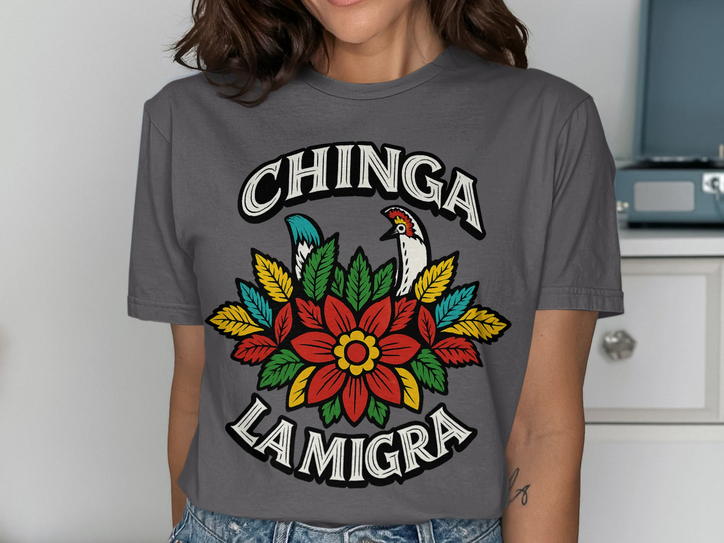 Chinga La Migra Colorful Flower Design T Shirt product