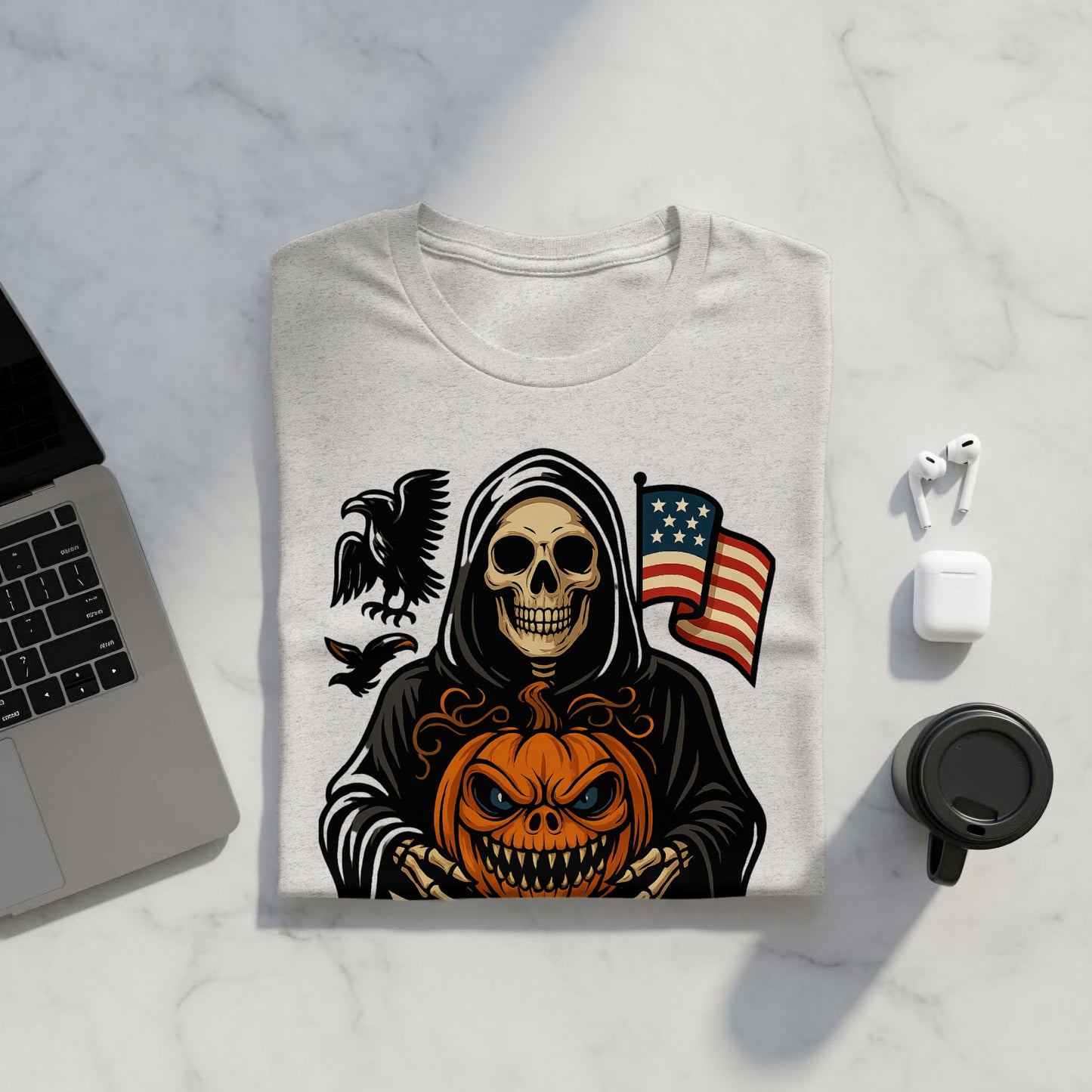 Grim Reaper Pumpkin American Flag Graphic Tee product type