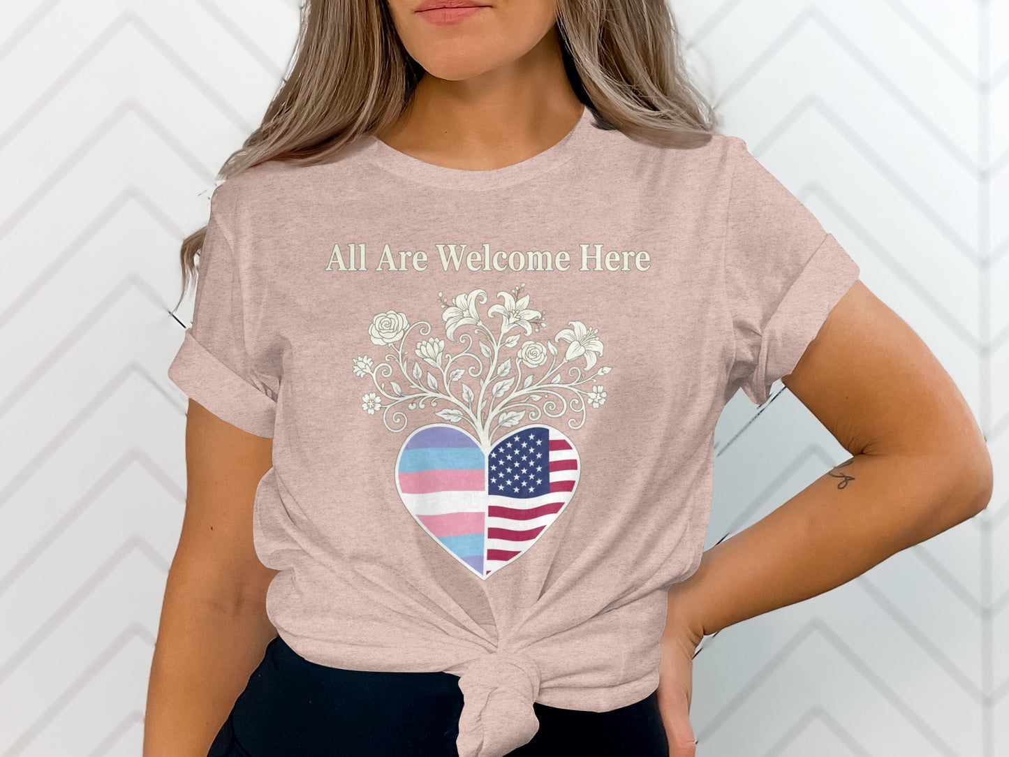 All Are Welcome Here Flag Heart Women's T-Shirt product type