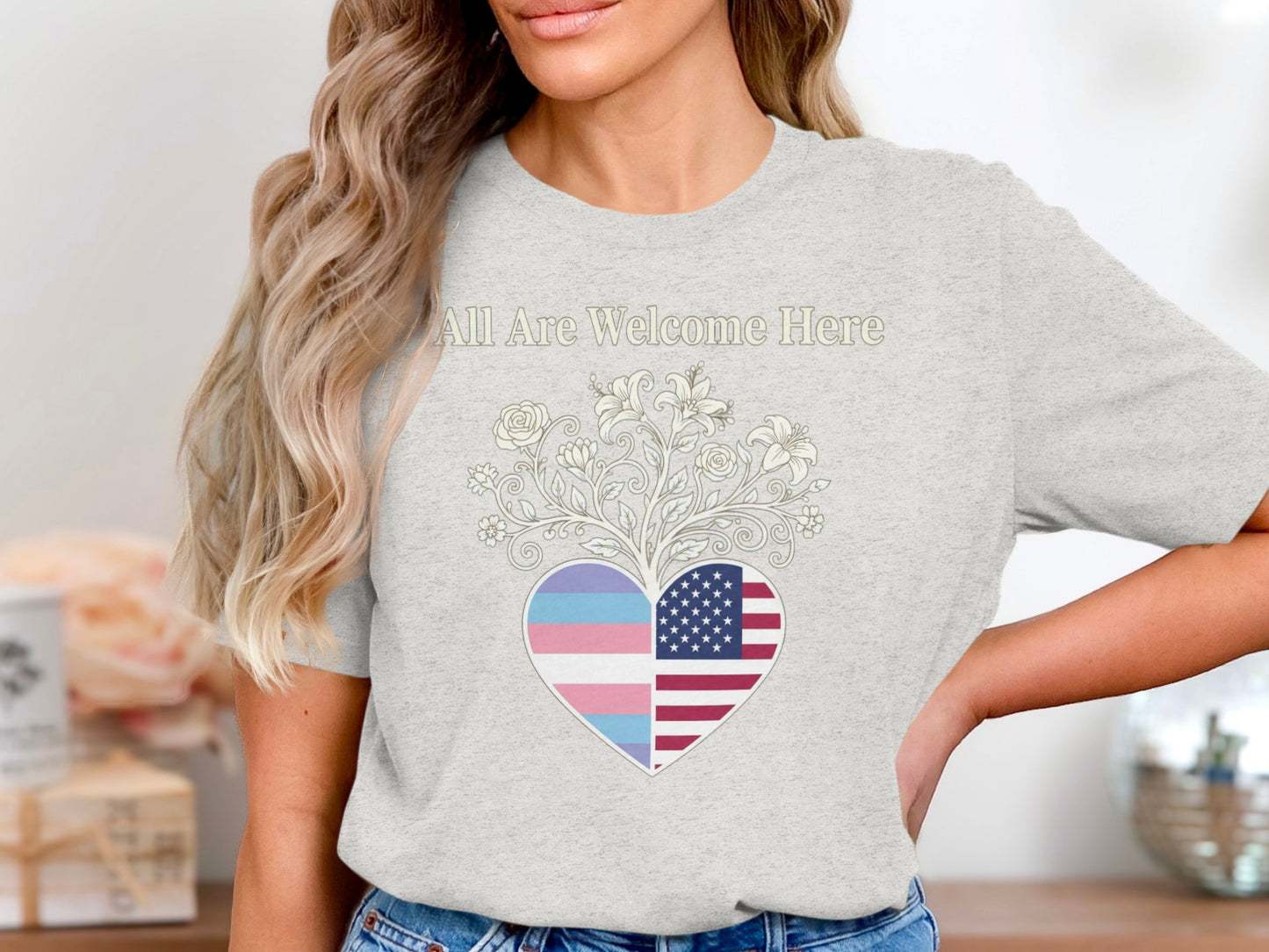 All Are Welcome Here Heart Flag Graphic T-shirt product type