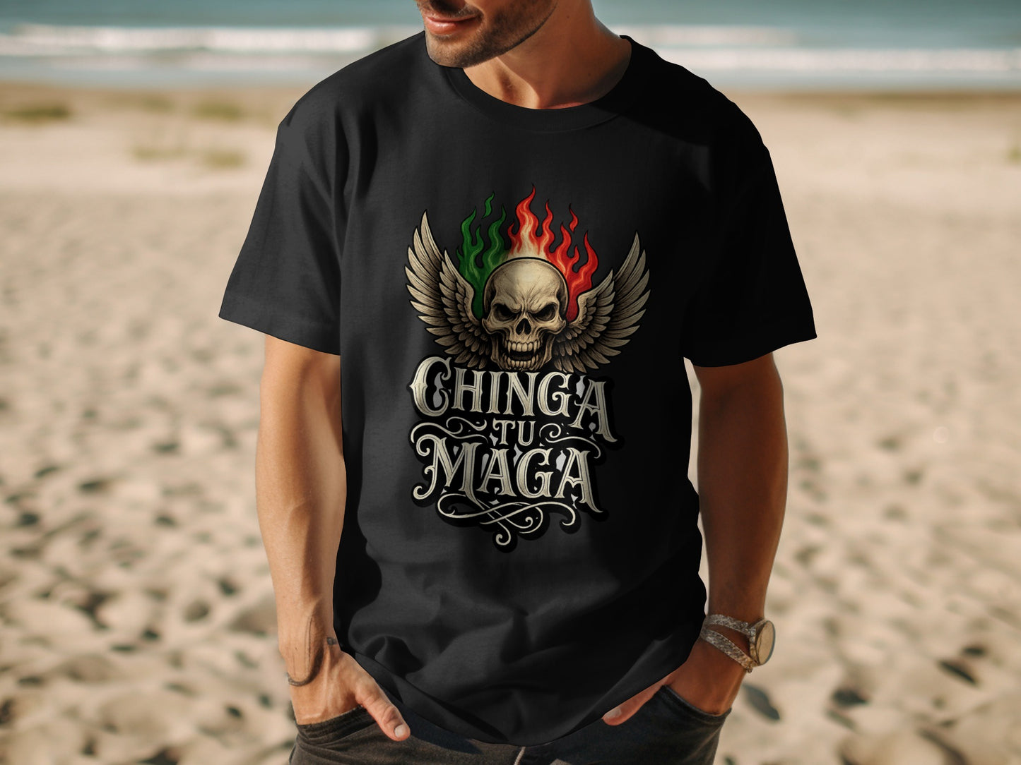 Bold Skull Wings Chinga Tu Maga Black T-shirt product