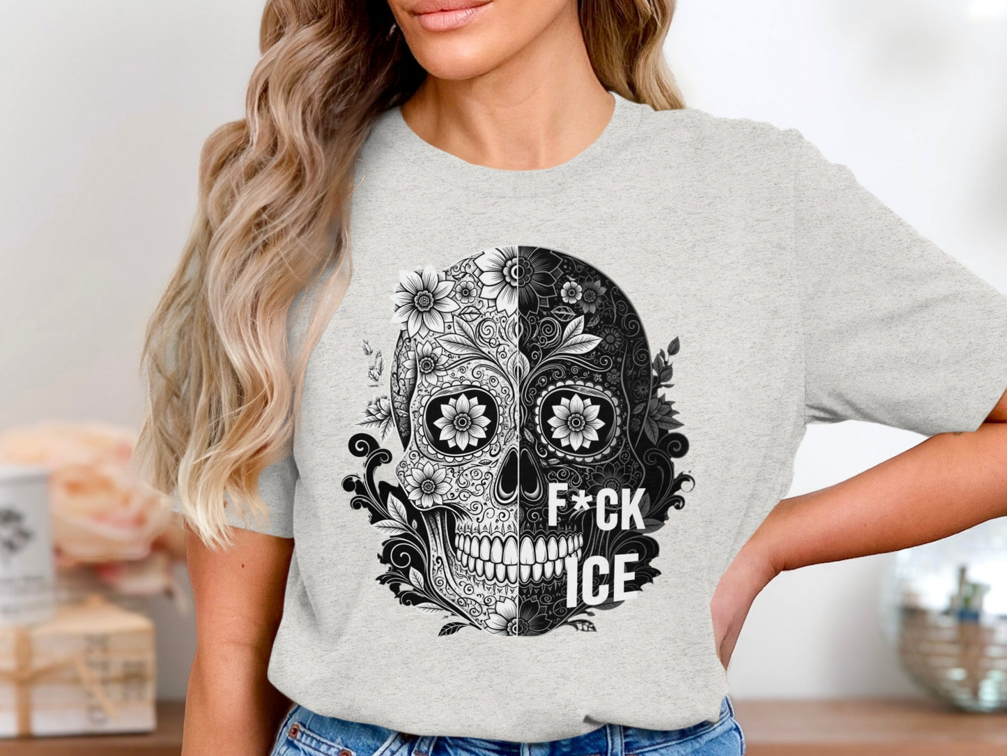 Floral Skull Graphic Tee Statement Shirt product type