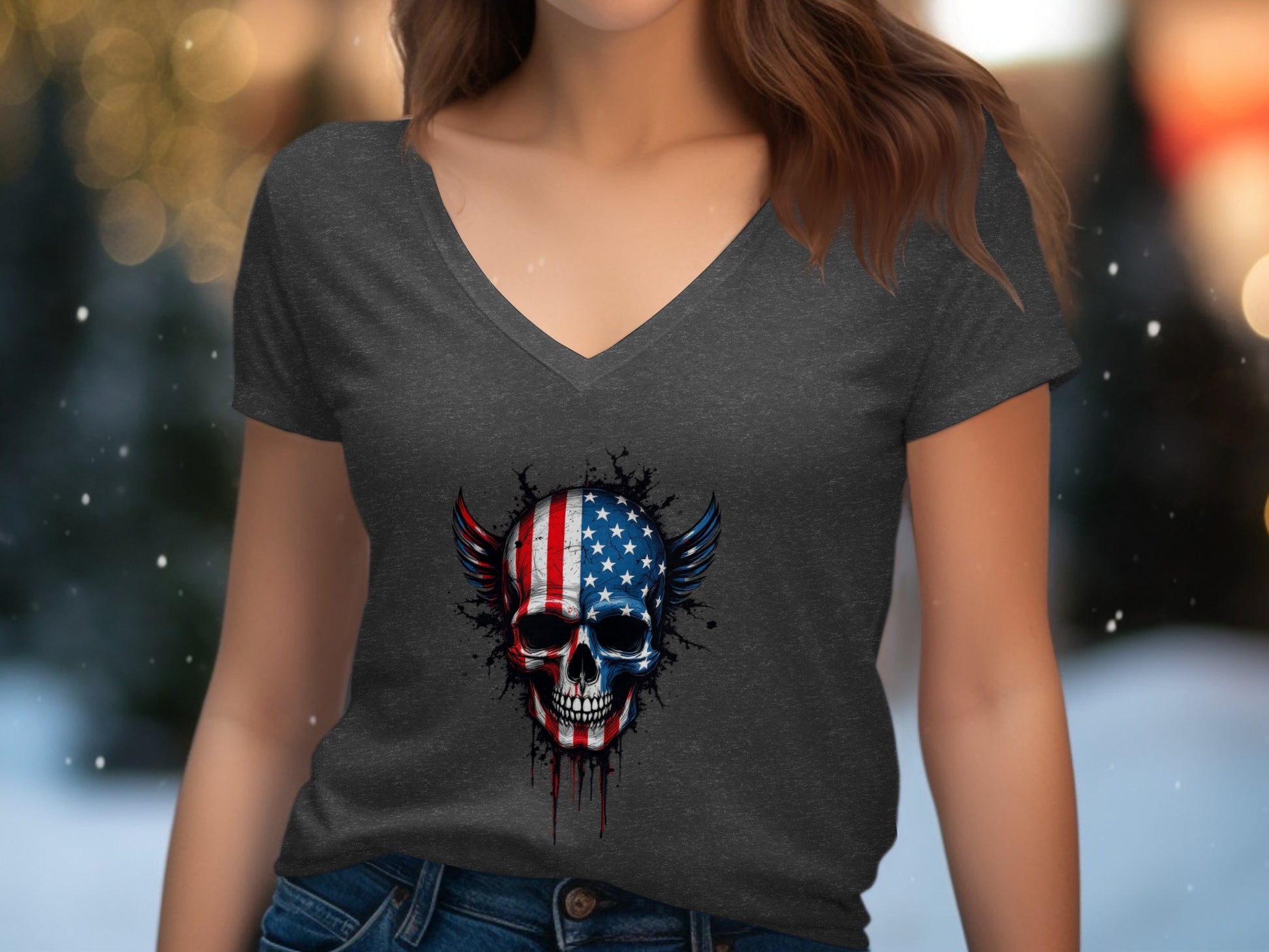 American Flag Skull Graphic V Neck Tee Shirt product