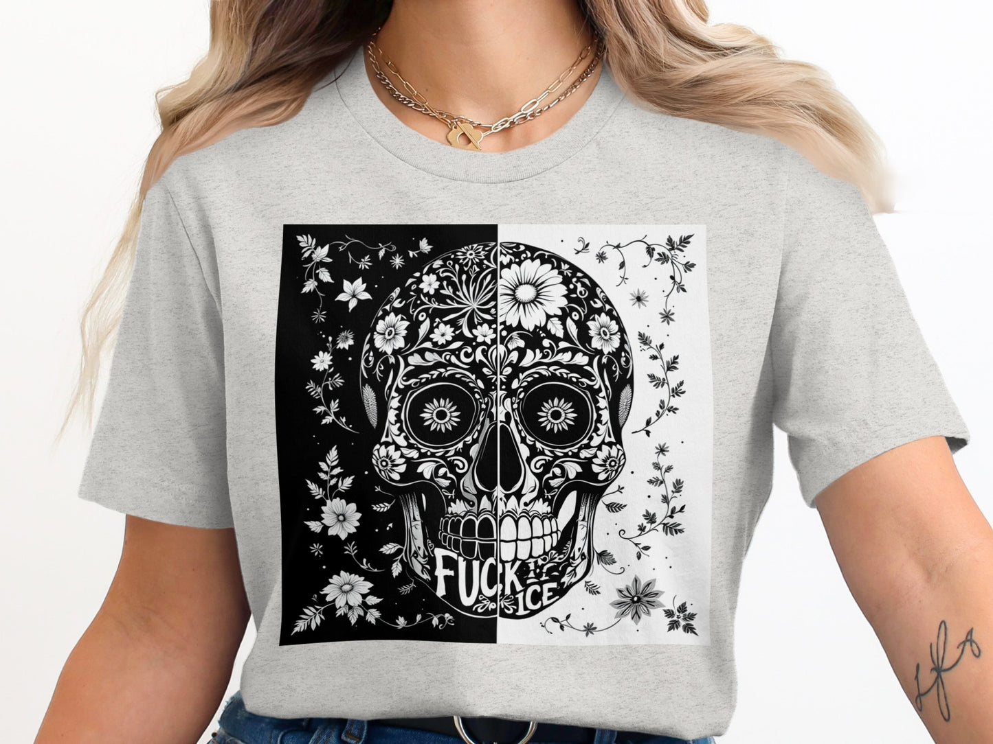 Floral Skull Graphic Tee Casual Fashionable Shirt product