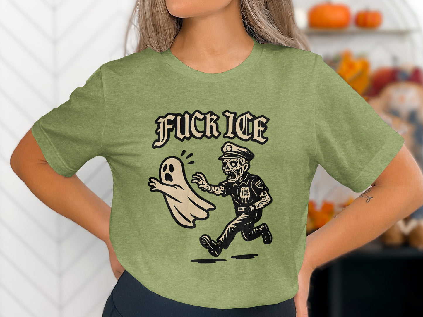 Fuck ICE Skeleton Chasing Ghost Graphic Tee product type