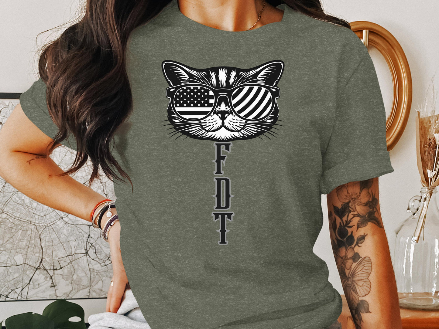 Cat With Sunglasses And Flag Graphic On T-shirt product