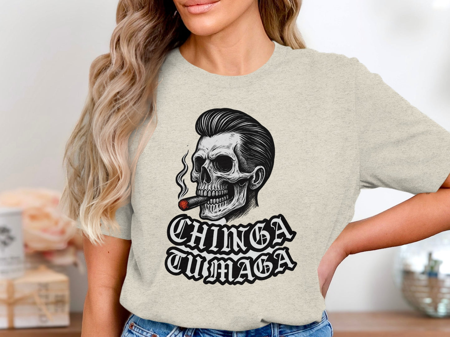 Skull with Cigar Graphic Chinga Tu Maga T-Shirt product