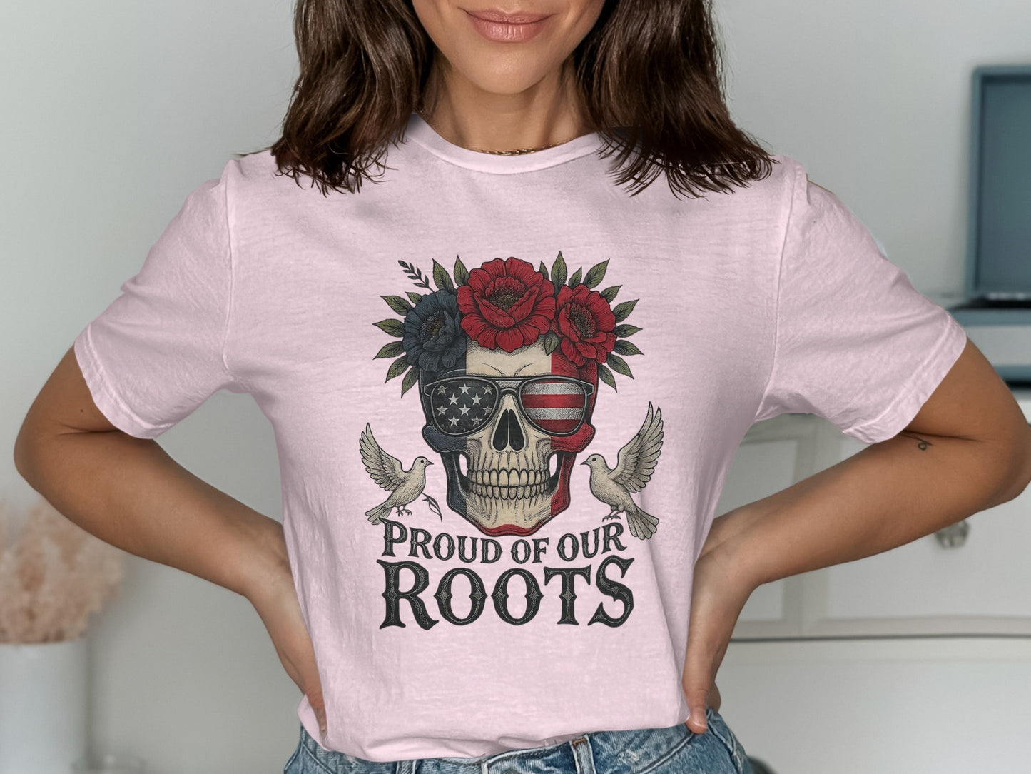 Patriotic Skull with Flowers Message T-Shirts