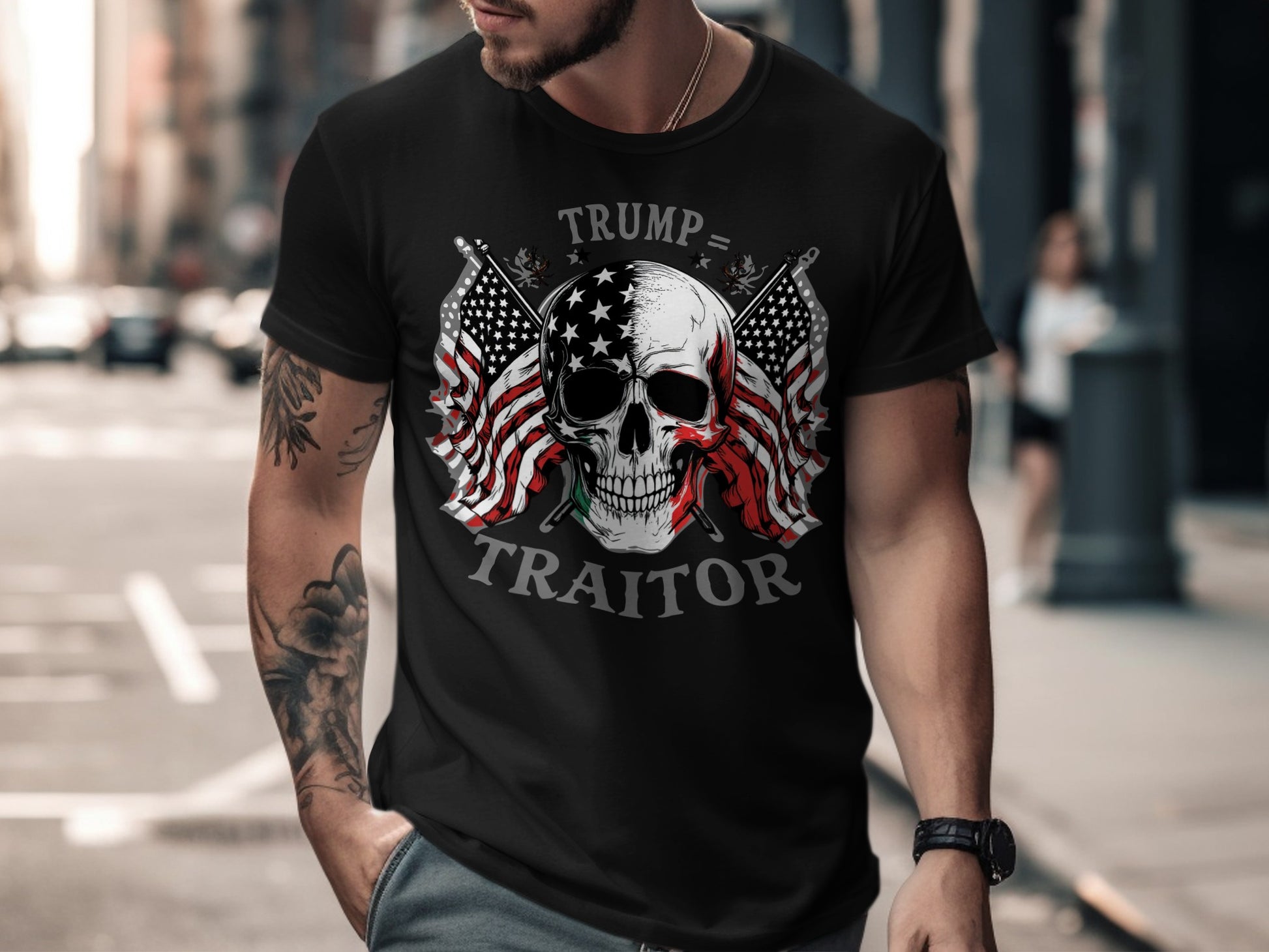 Trump Traitor Skull American Flag Graphic T-shirt product