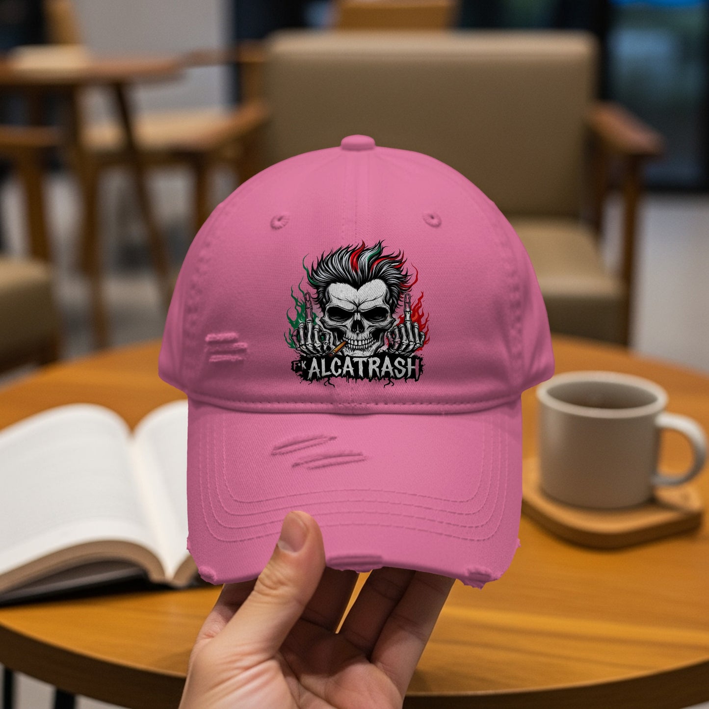 Pink Distressed Skull Embroidered Alcatrash Hat product type
