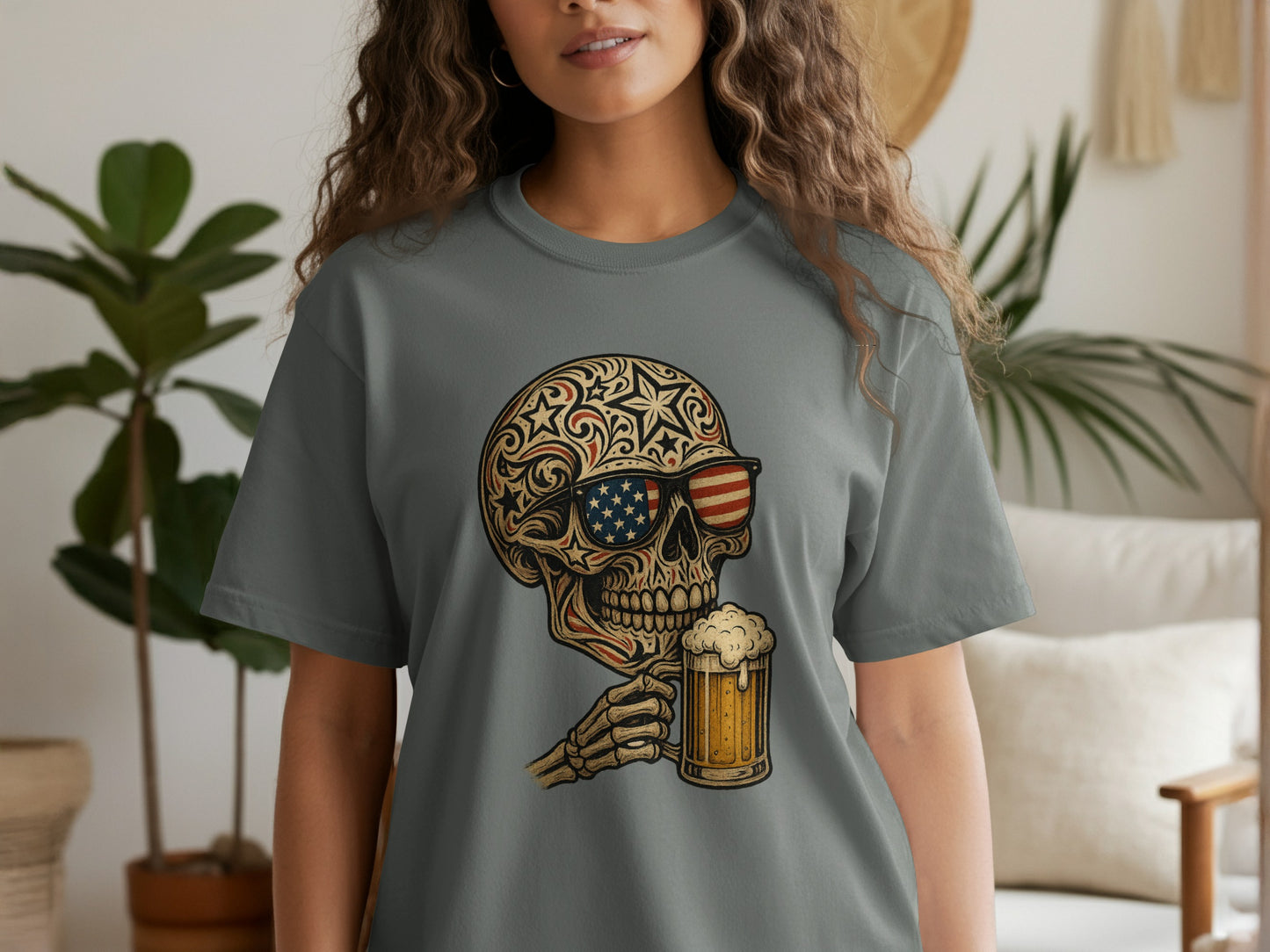 Patriotic Skull with Beer Graphic T-shirt product type
