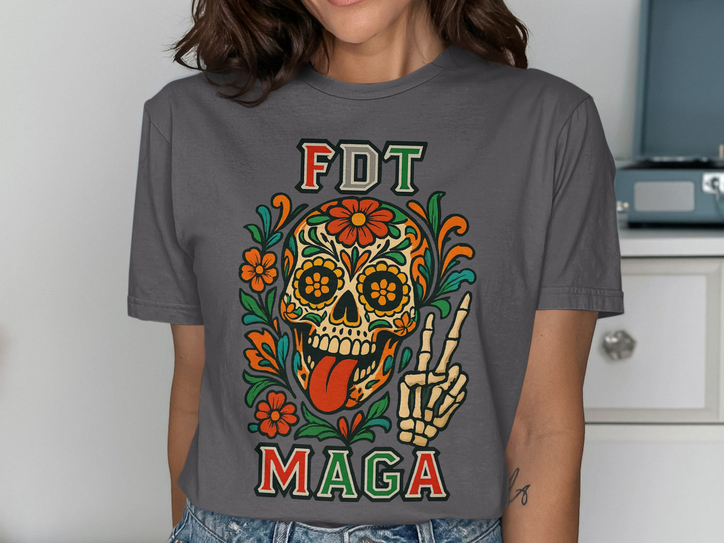 FDT MAGA Skull Flower Peace Grey Graphic T-shirt product