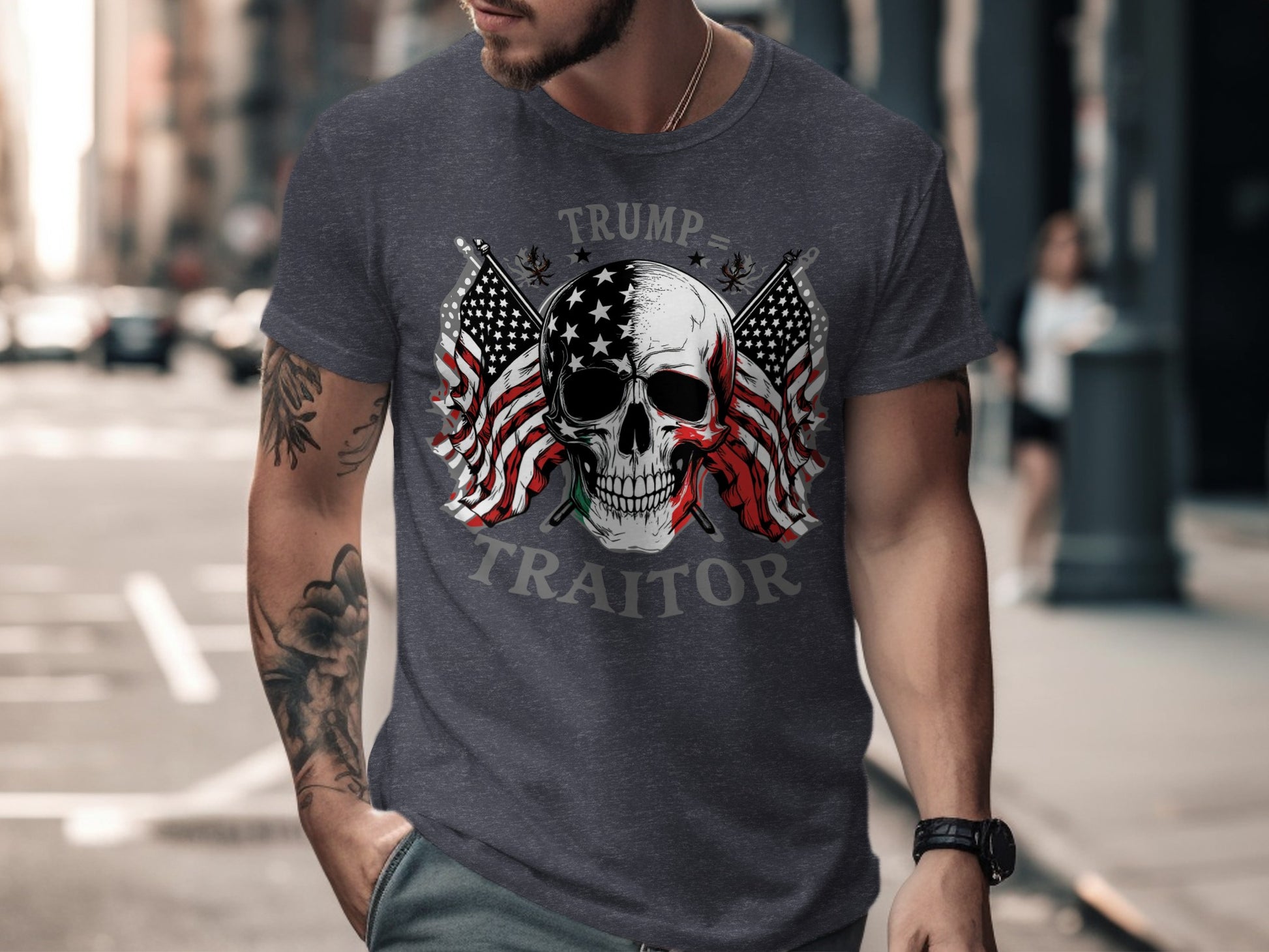 Patriotic Skull American Flag Trump Traitor T-Shirt product