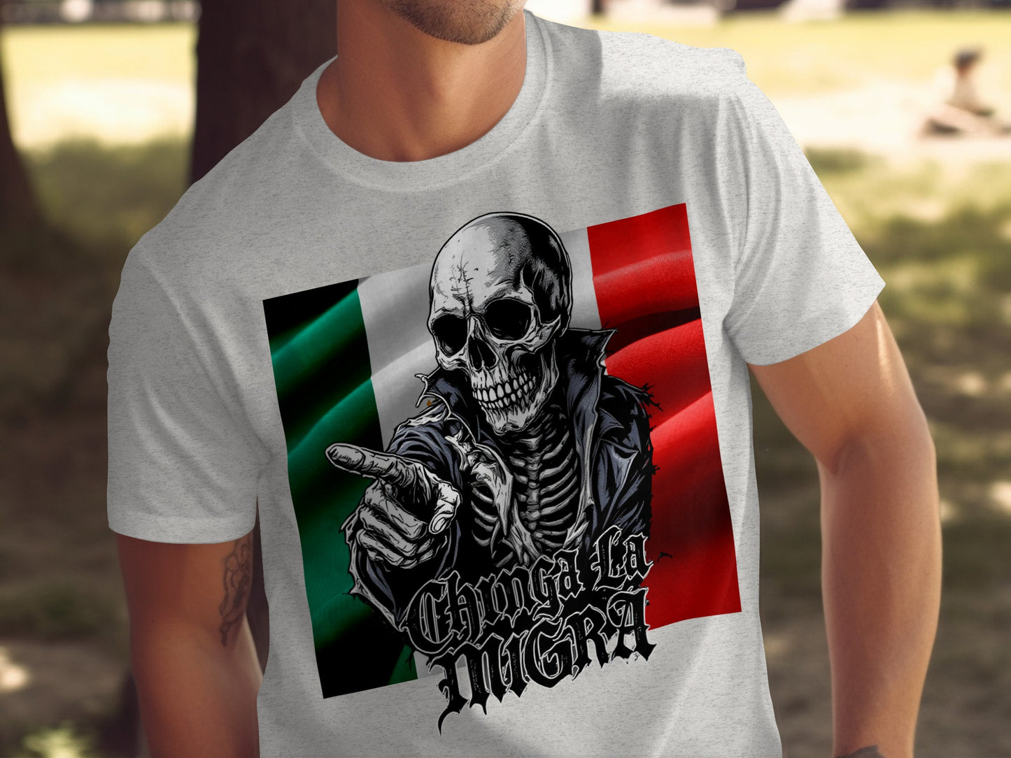 Chingala Migra Skeleton and Flag Graphic T-Shirt product