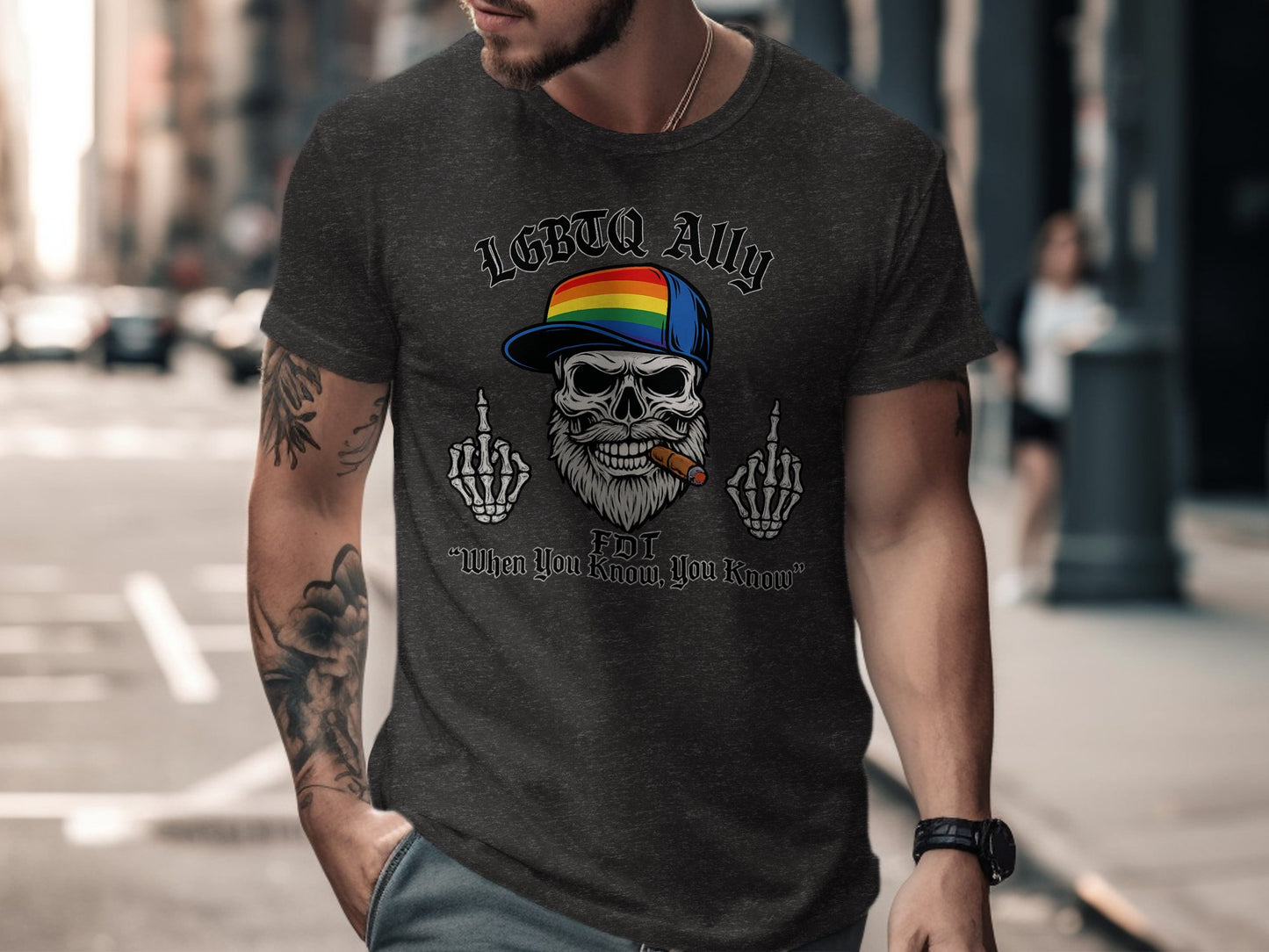 LGBTQ Ally Graphic Tee with Skull and Rainbow Cap product type