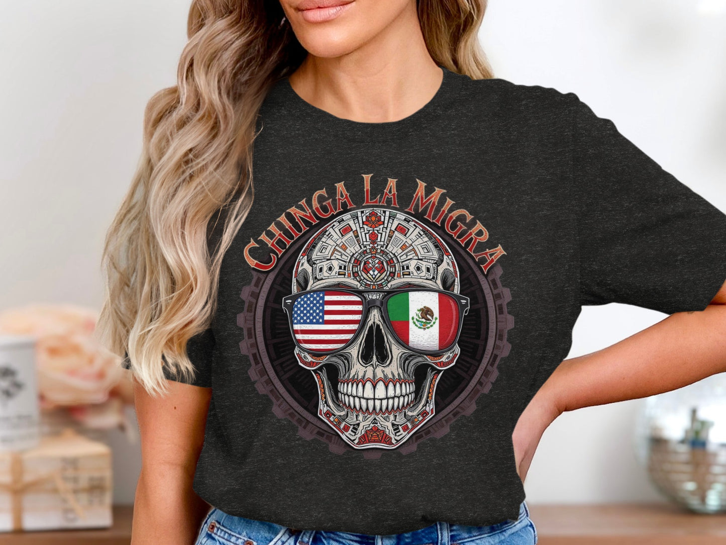 Chinga La Migra Skull T-shirt with Flags product type