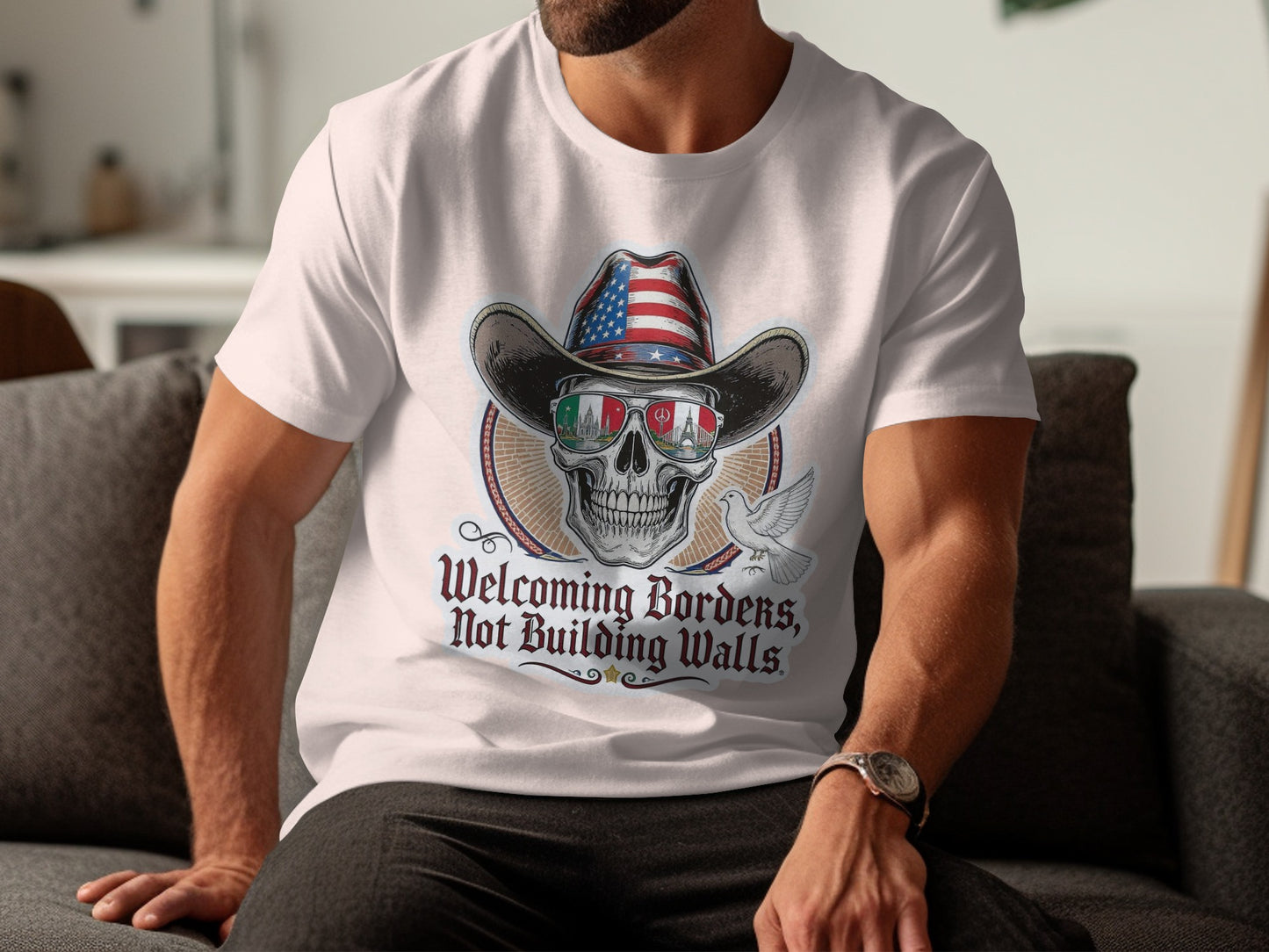 Welcoming Borders Skull with Hat and Flag T-shirt product