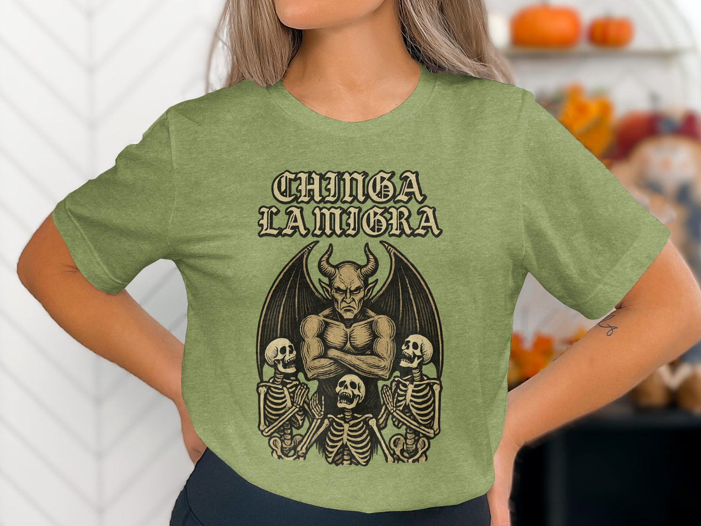 Chinga La Migra Skull and Devil Graphic T-shirt product