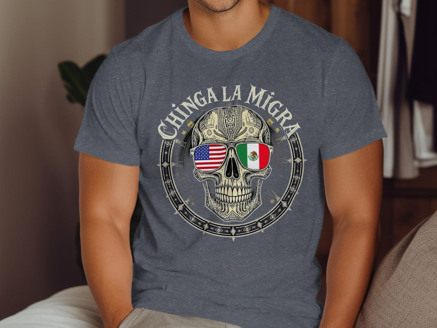 Chinga La Migra Skull with USA Mexico Flag T-shirt product
