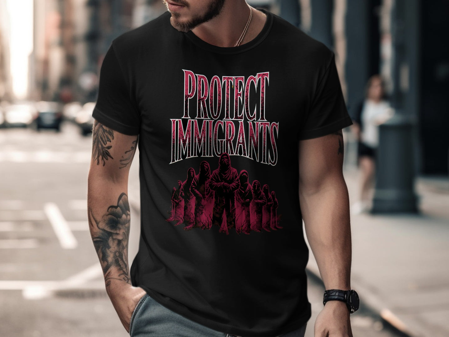 Black t-shirt with "Protect Immigrants" text and silhouetted figures.