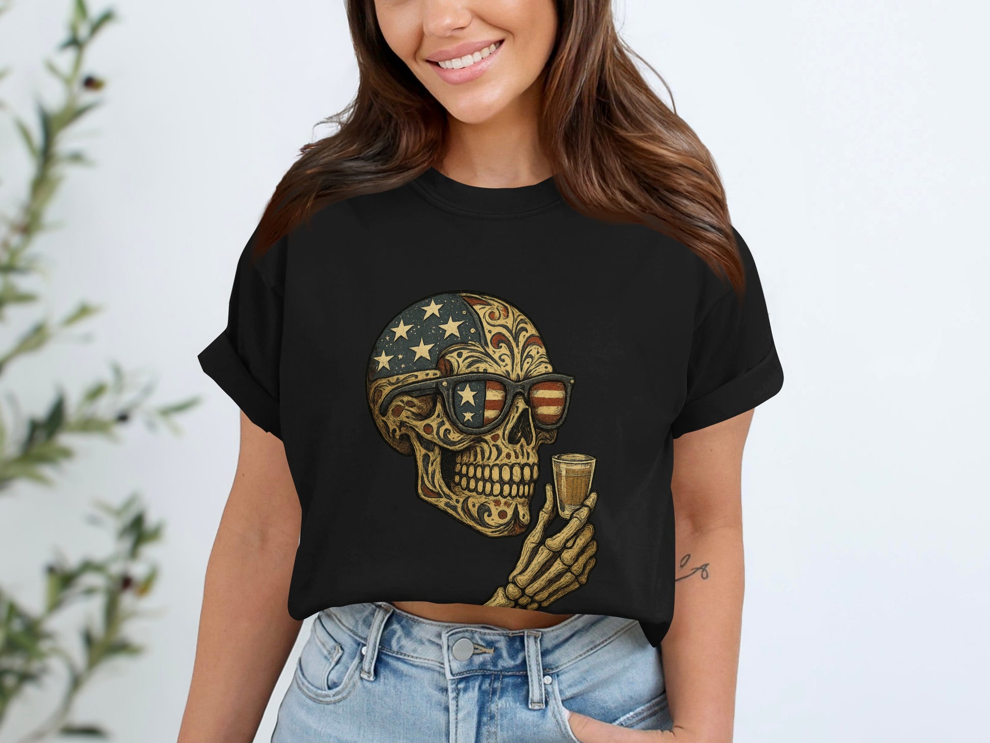 Patriotic Skull Holding Glass Unique Graphic Tee product