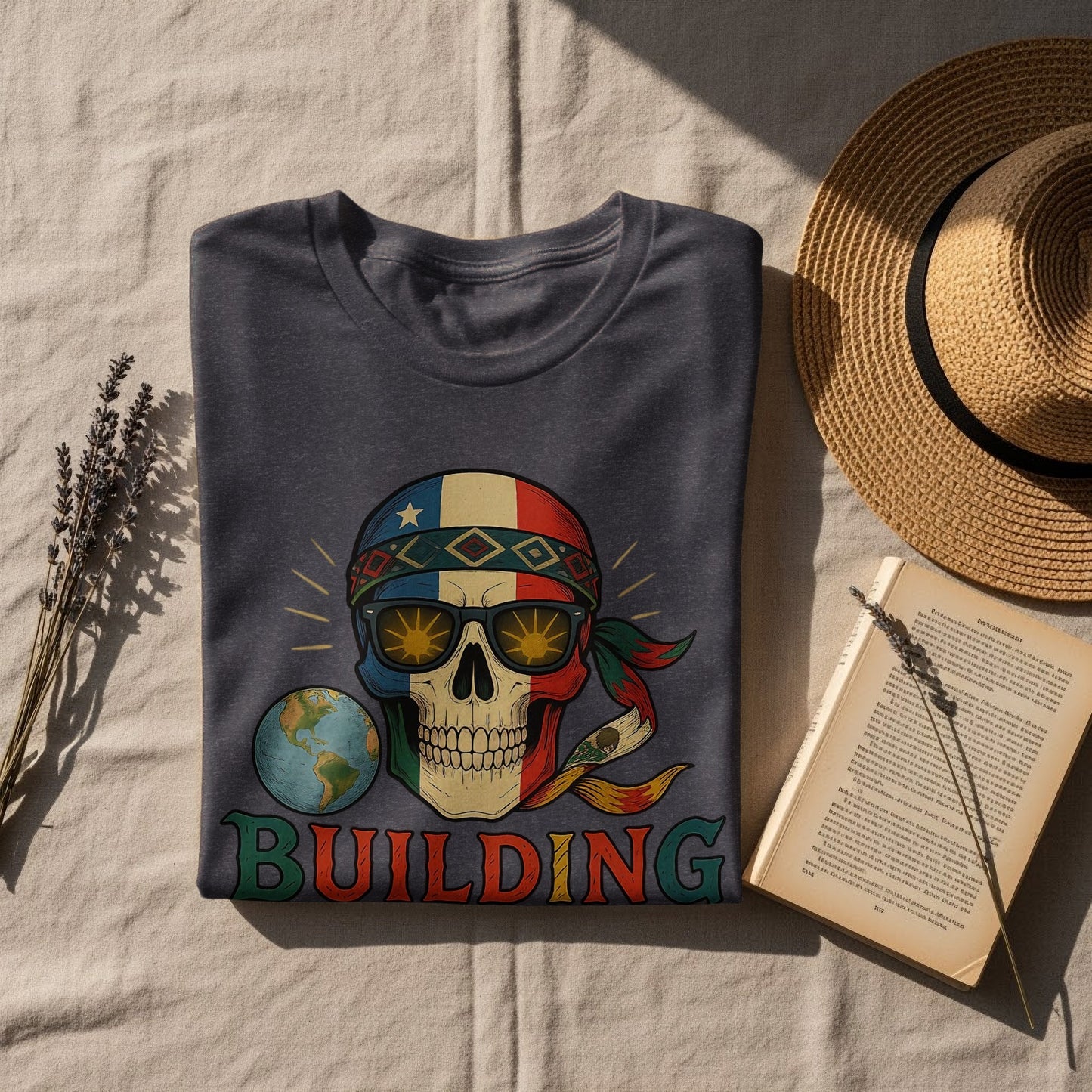 Skull Wearing Bandana with Sunglasses Building T-Shirt product