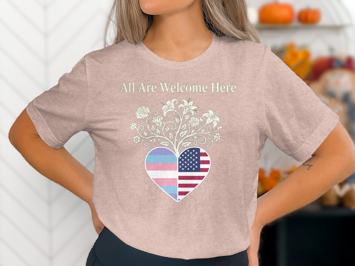 All Are Welcome Here Flag Heart Design Shirt product
