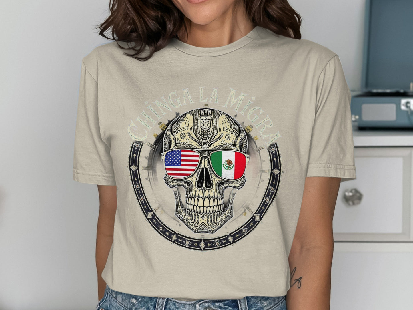 Chinga La Migra Skull with Flags Graphic Tee product
