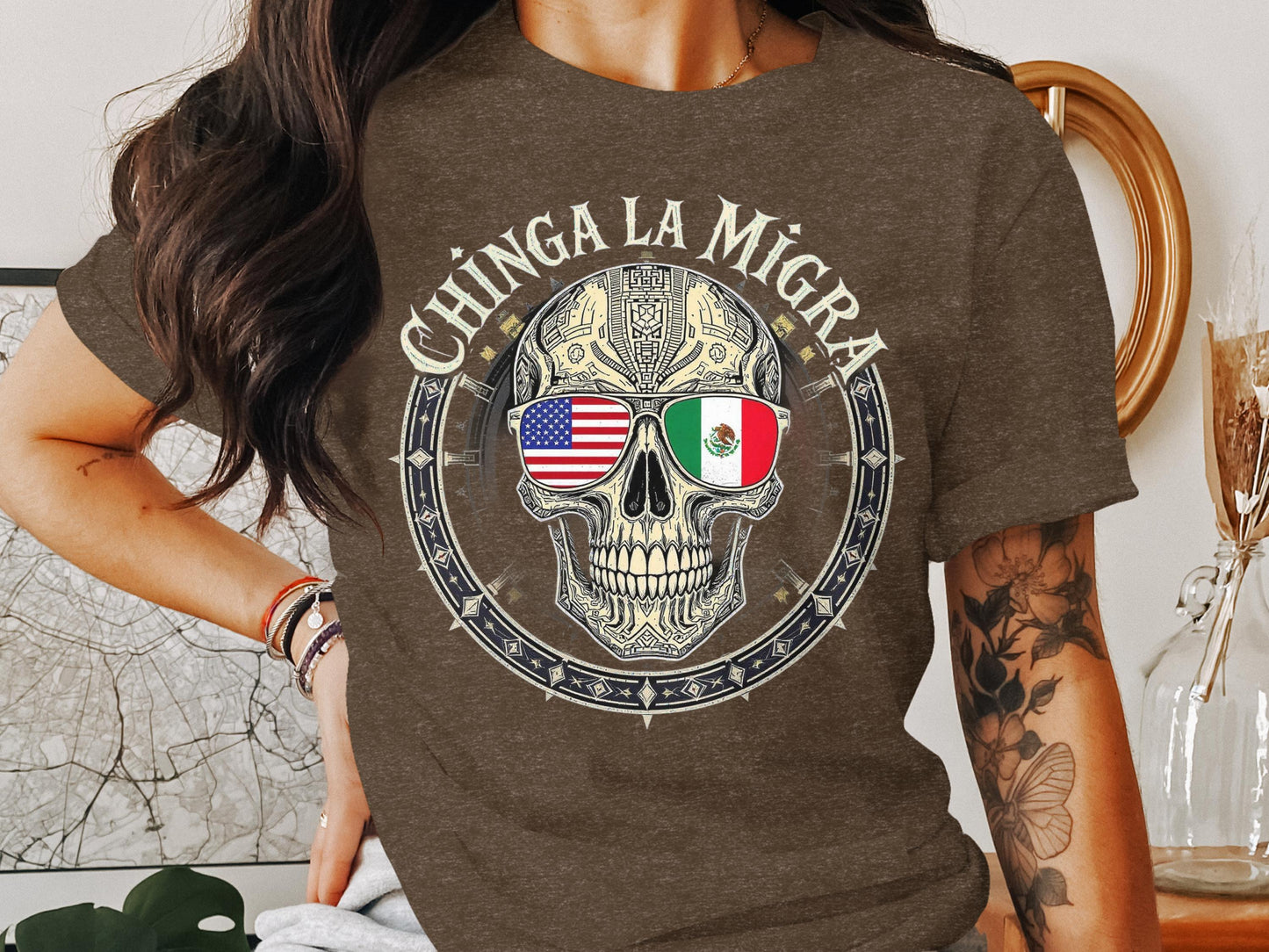 Chinga La Migra Skull Graphic Tee Shirt Product