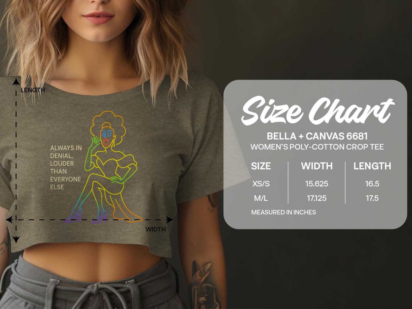 Women's Funny Graphic Cropped Top Measuring Guide product type
