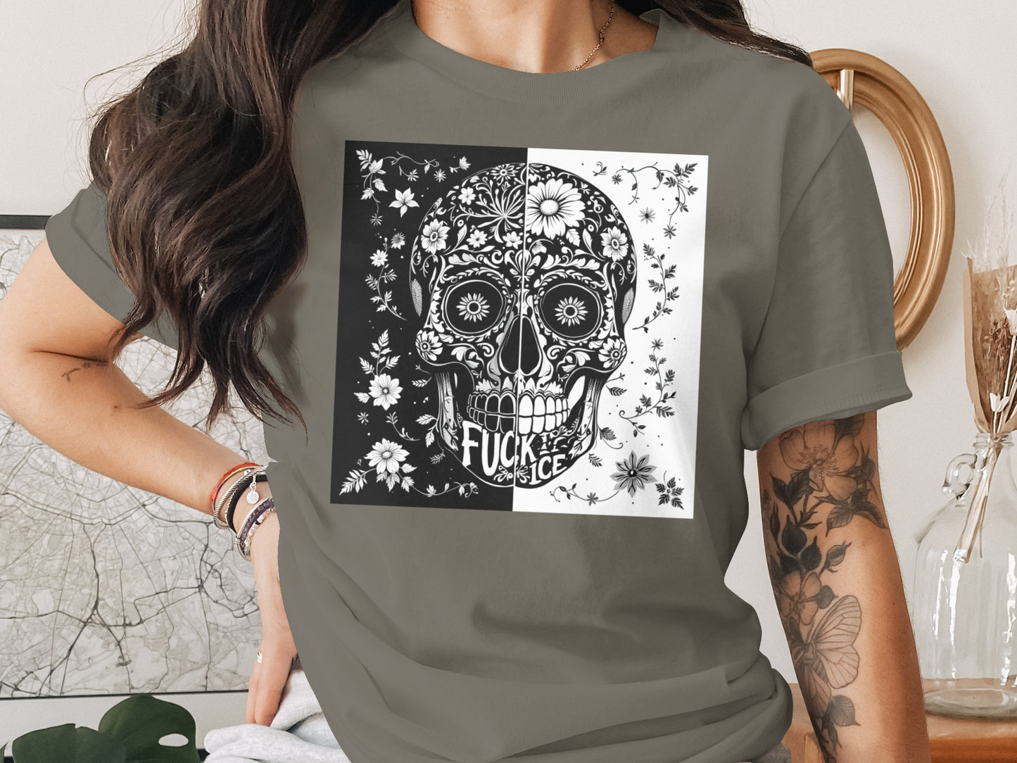 Floral Skull Design Casual Graphic Tee Shirt product type