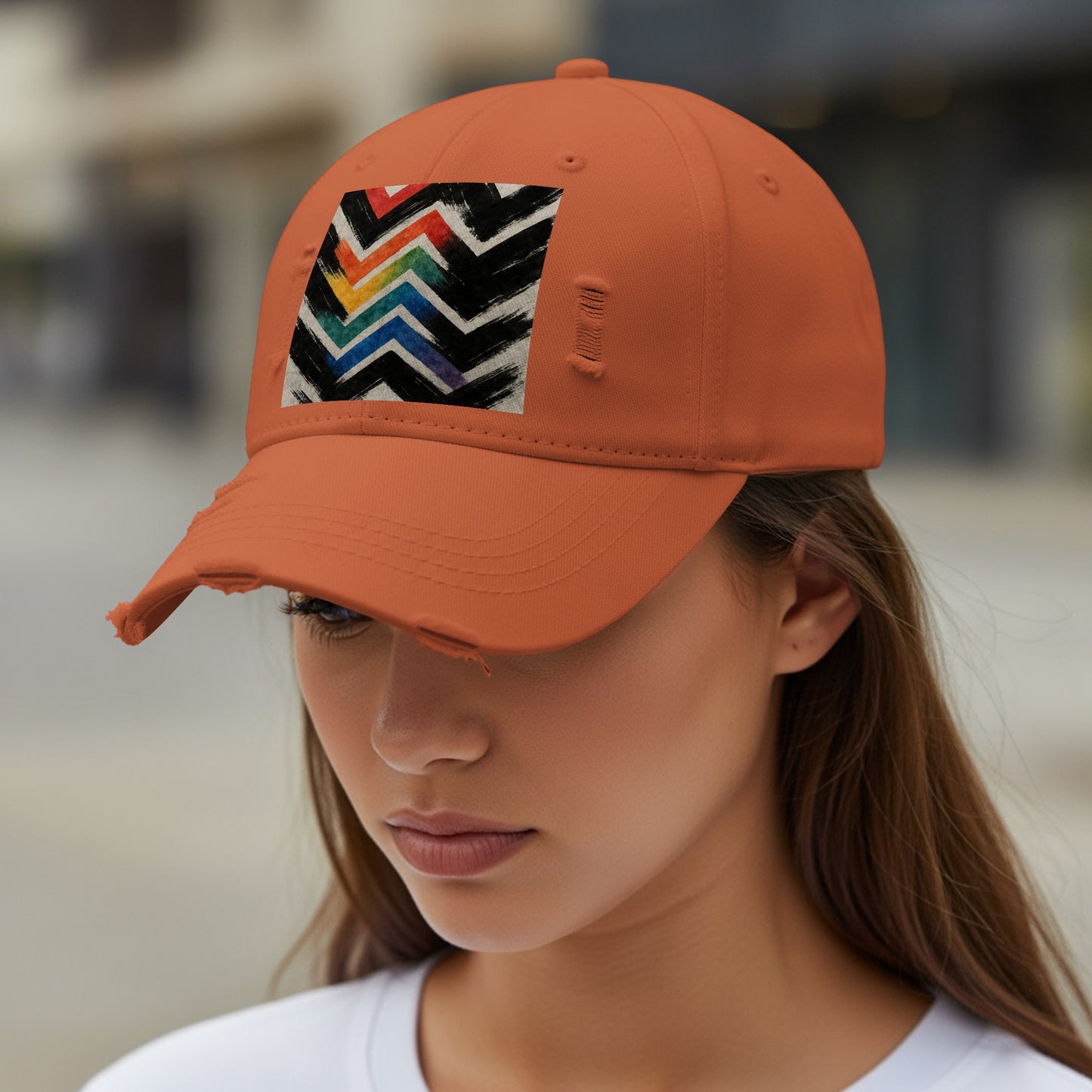 Colorful Chevron Patterned Orange Distressed Cap product