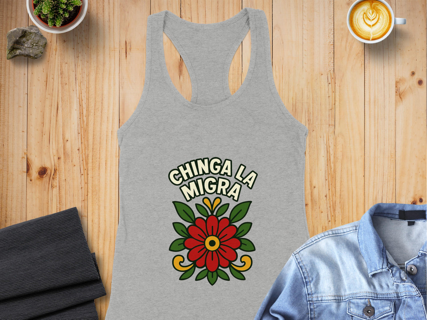 Chinga La Migra Flower Design Grey Tank Top product type