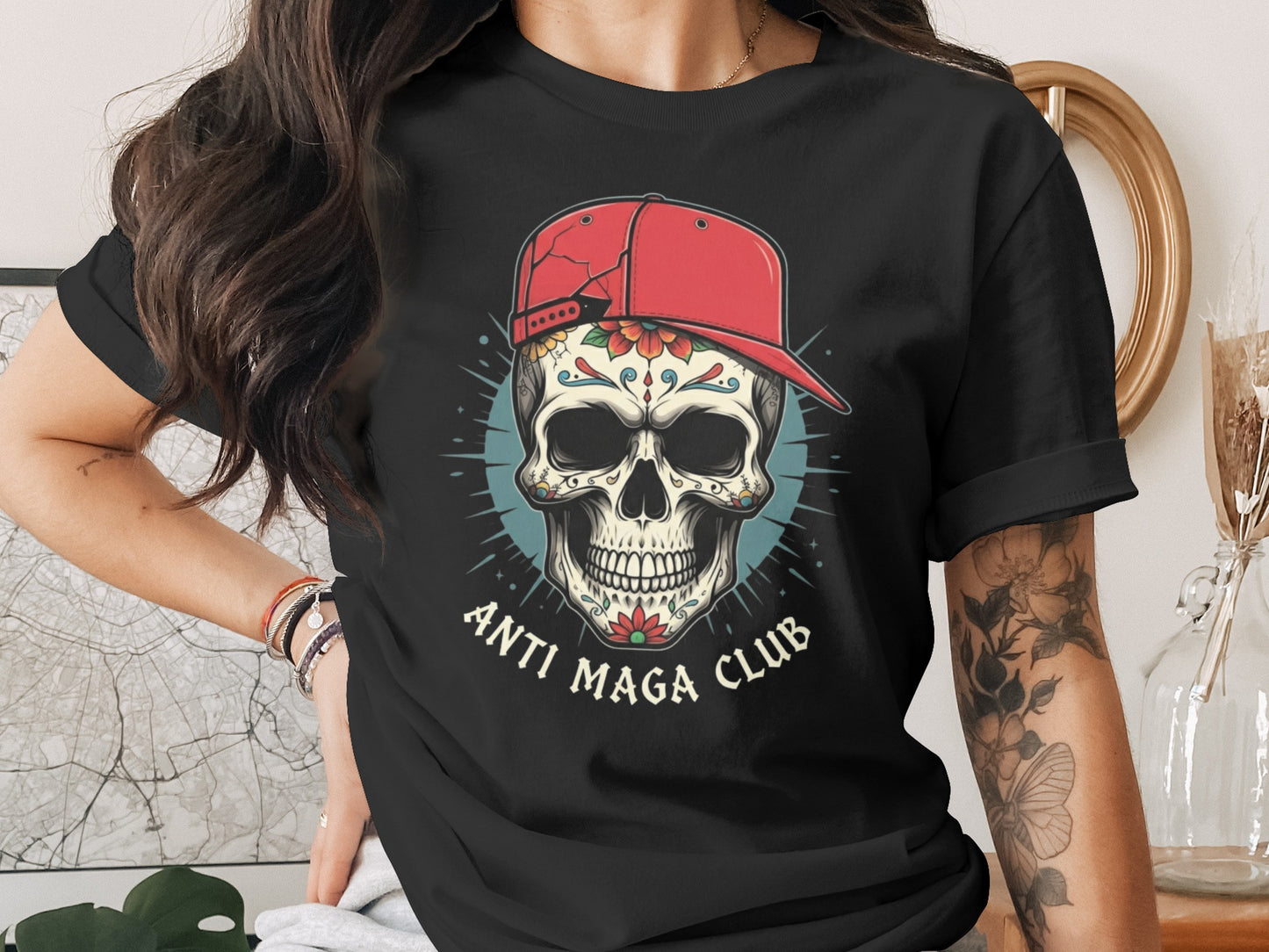 Anti Maga Club Skull Wearing Red Hat Graphic product type