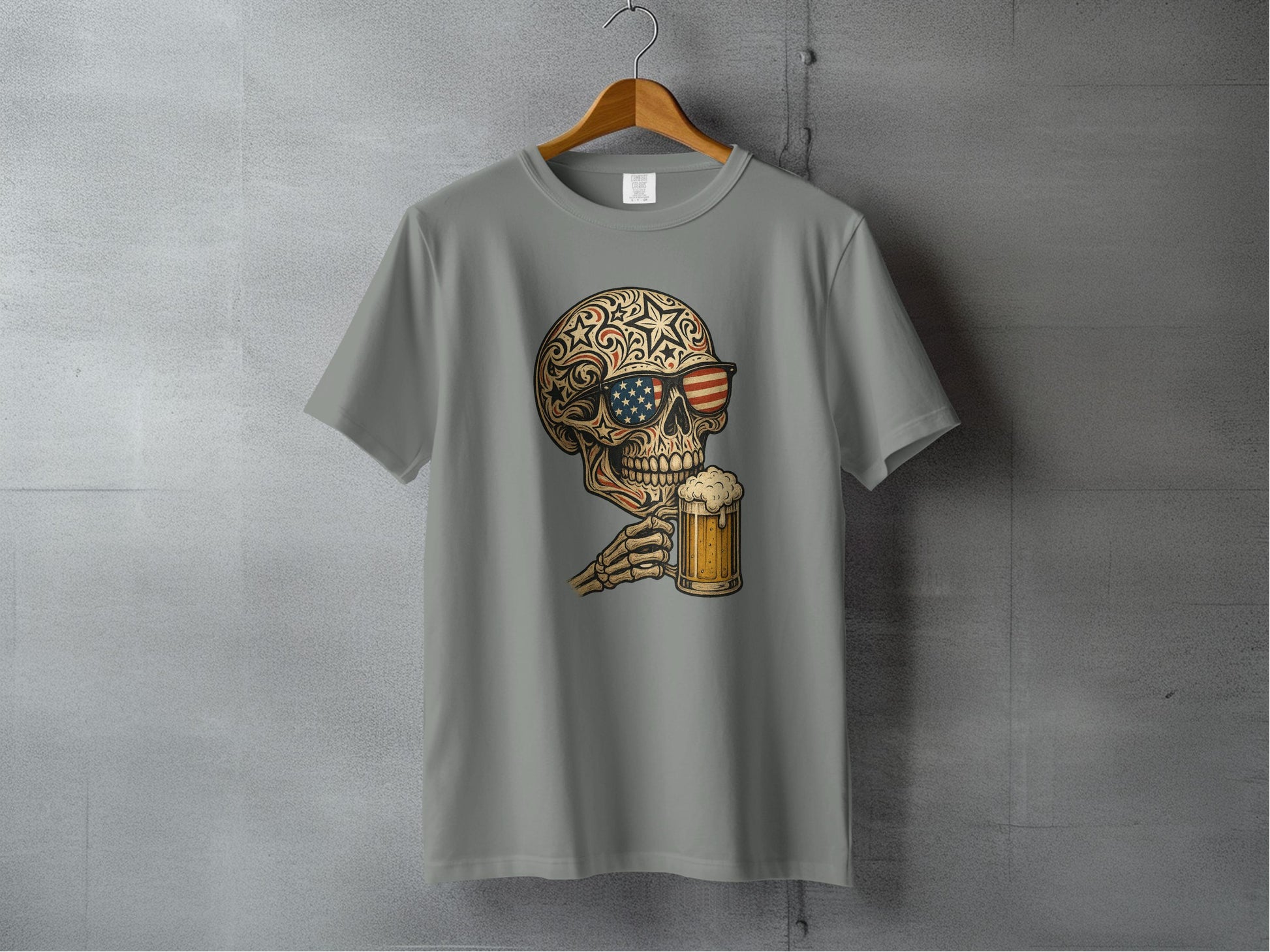Skull Holding Beer Graphic American Flag T-Shirt product