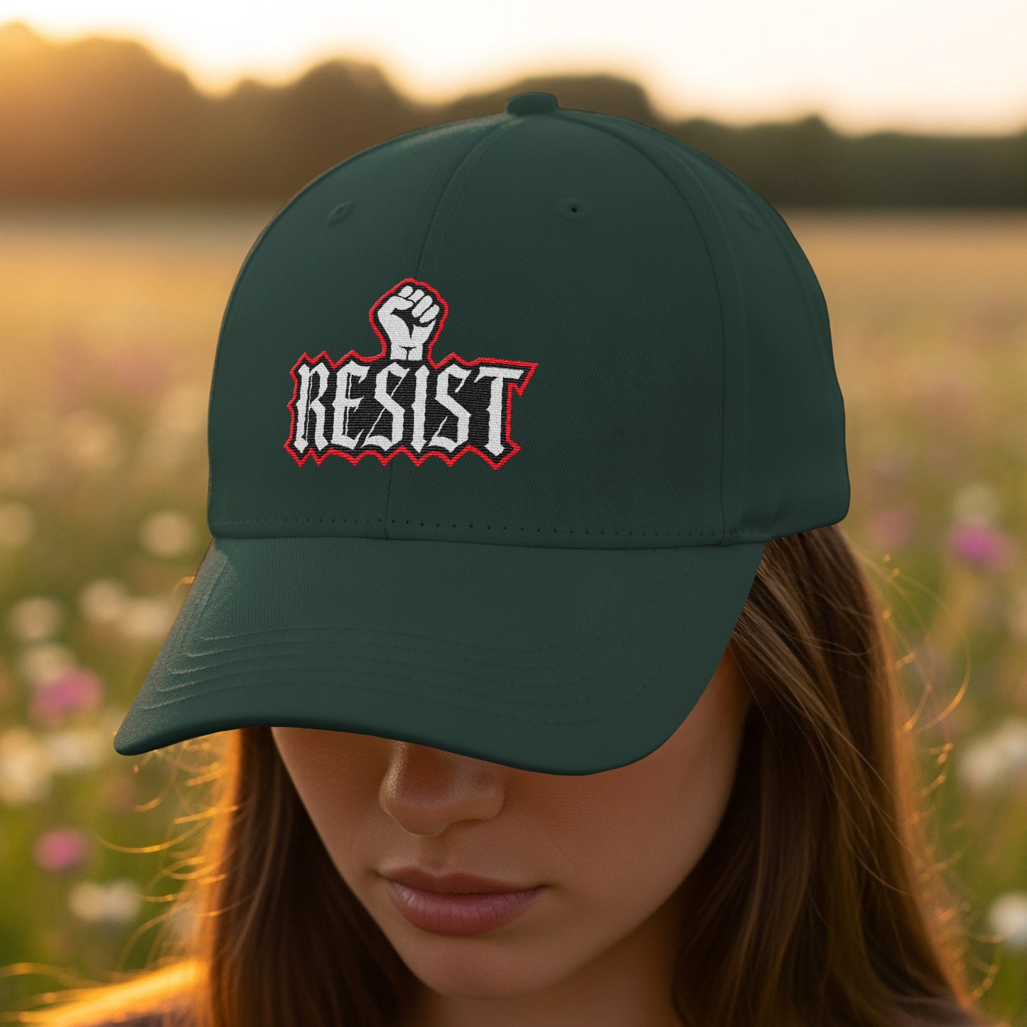 Resist Embroidered Adjustable Dark Green Hat product