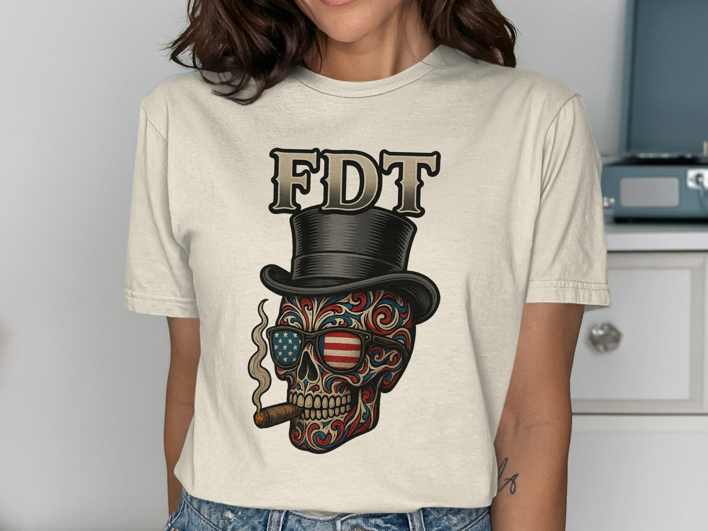 Patriotic Skull Smoking Cigar Graphic Tee shirt product