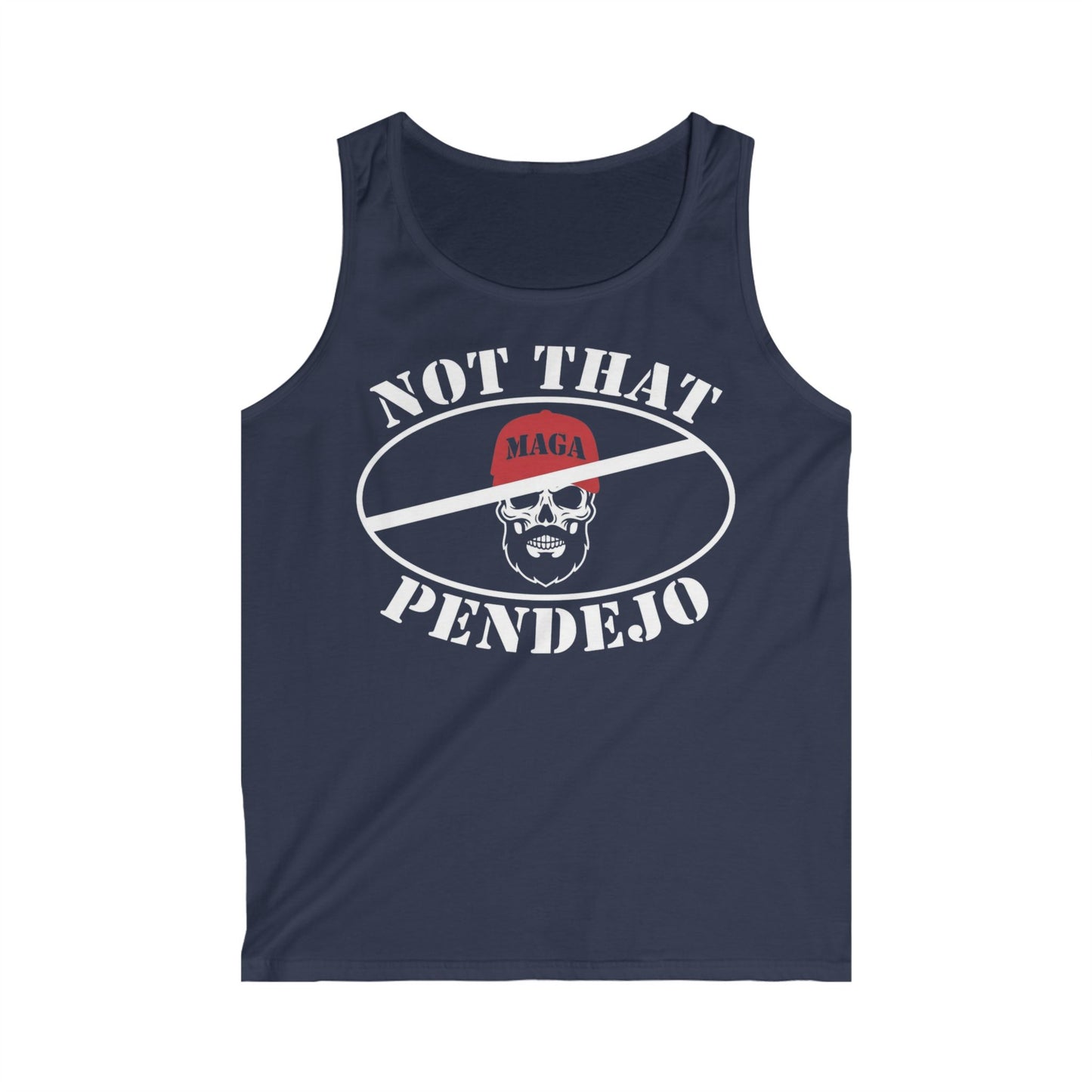 Navy tank top with white text "NOT THAT MAGA PENDEJO" and skull graphic.